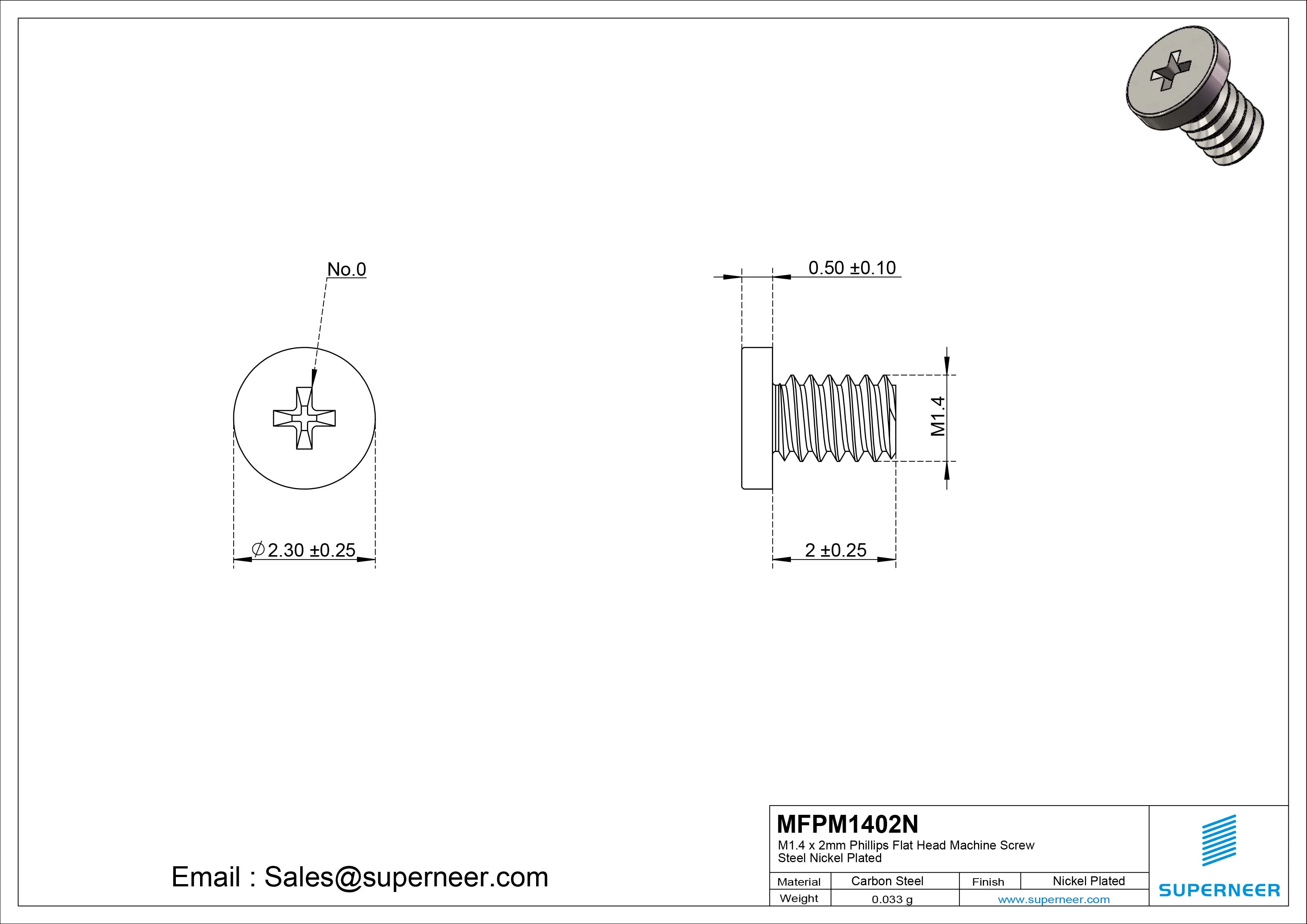 M1.4 x 2mm Phillips Flat Head Machine Screw Carbon Steel Nickel Plated 