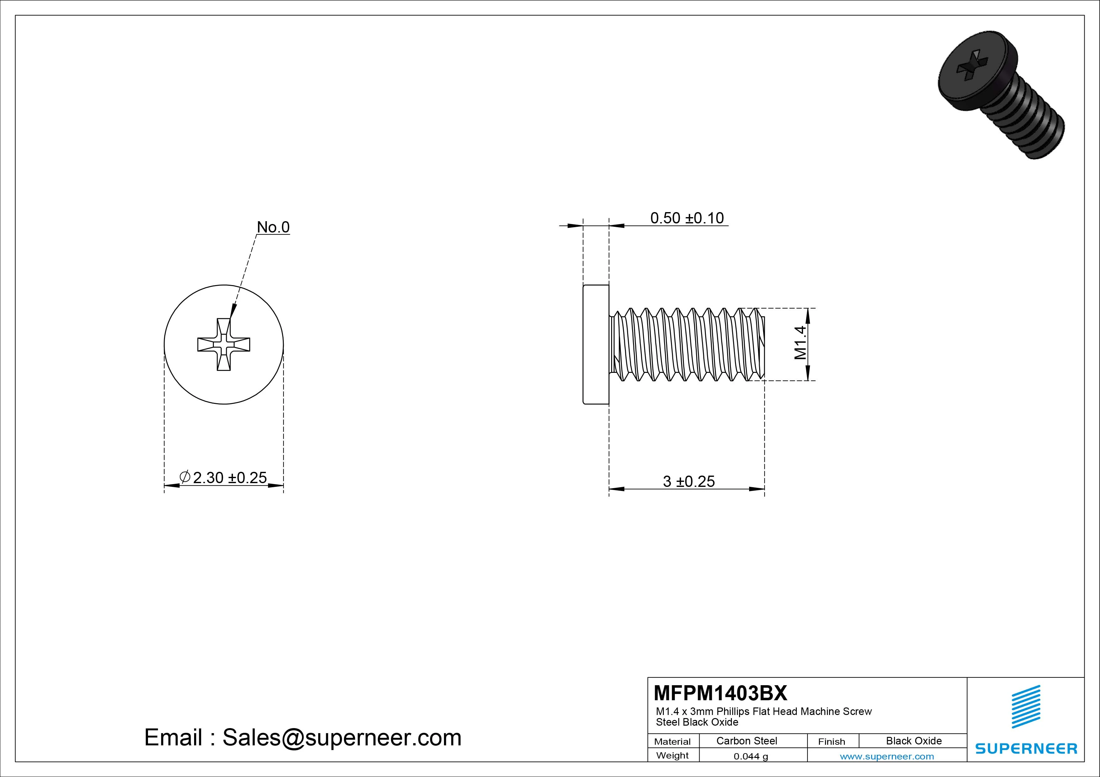 M1.4 x 3mm Phillips Flat Head Machine Screw Steel Black Oxide