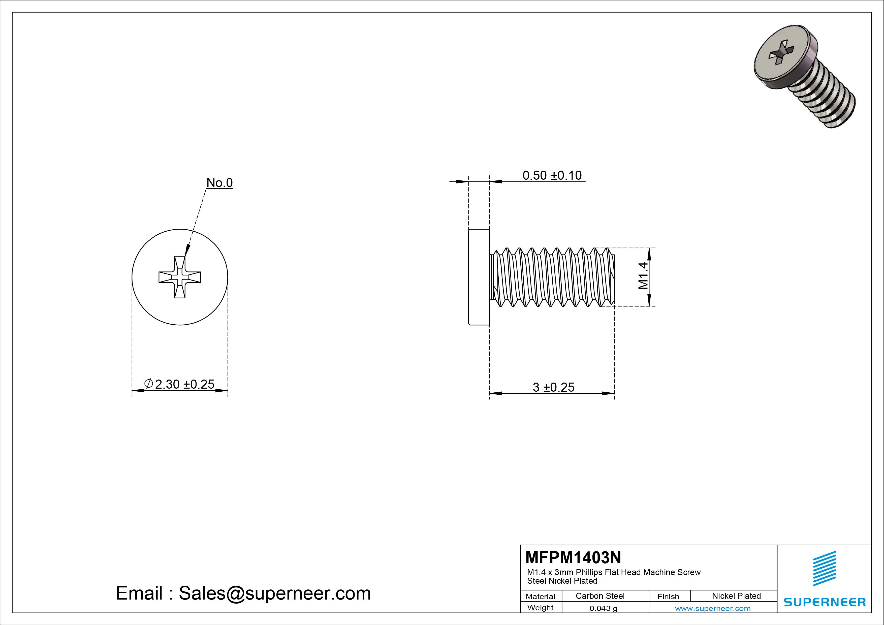 M1.4 x 3mm Phillips Flat Head Machine Screw Carbon Steel Nickel Plated 
