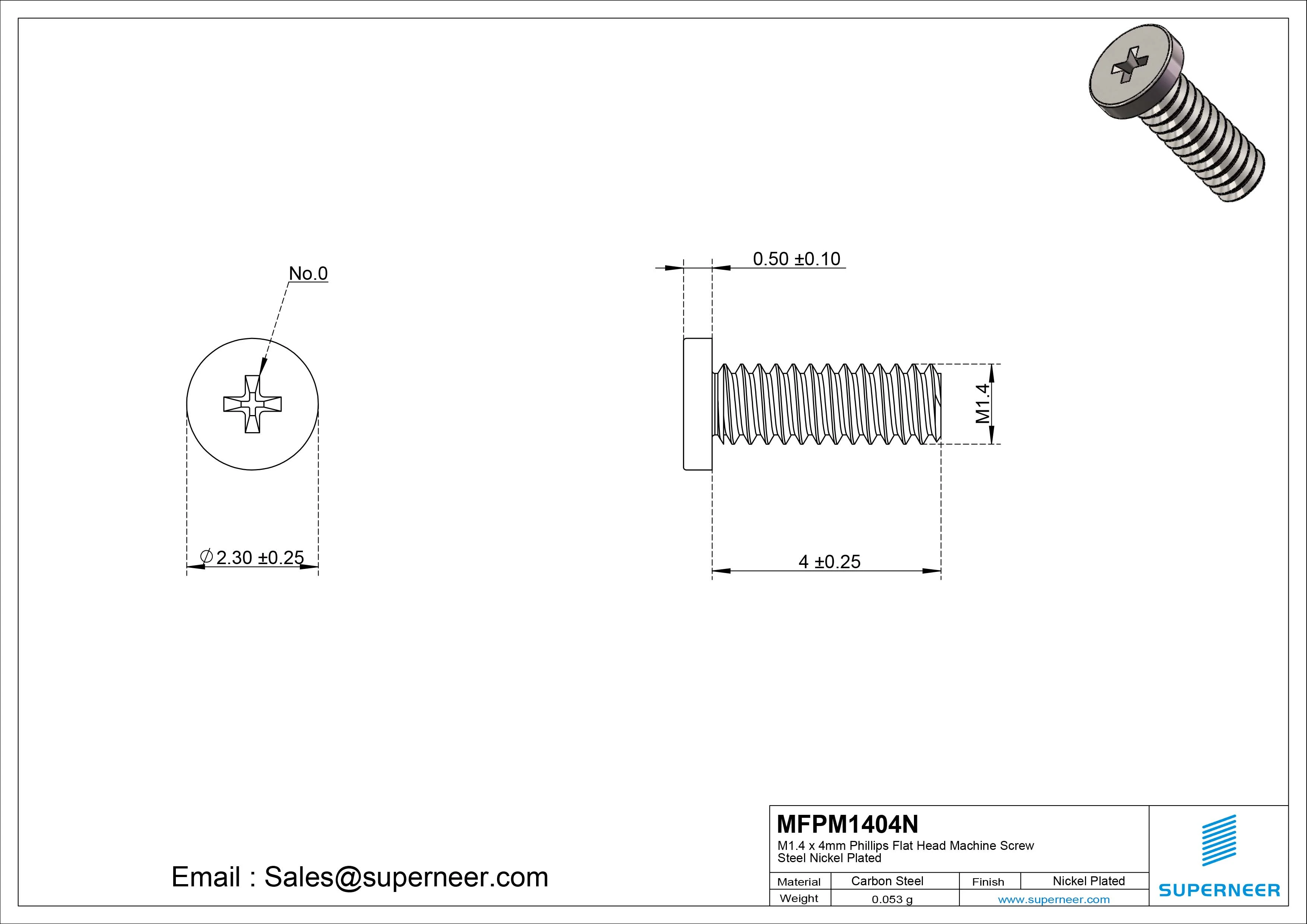 M1.4 x 4mm Phillips Flat Head Machine Screw Carbon Steel Nickel Plated 