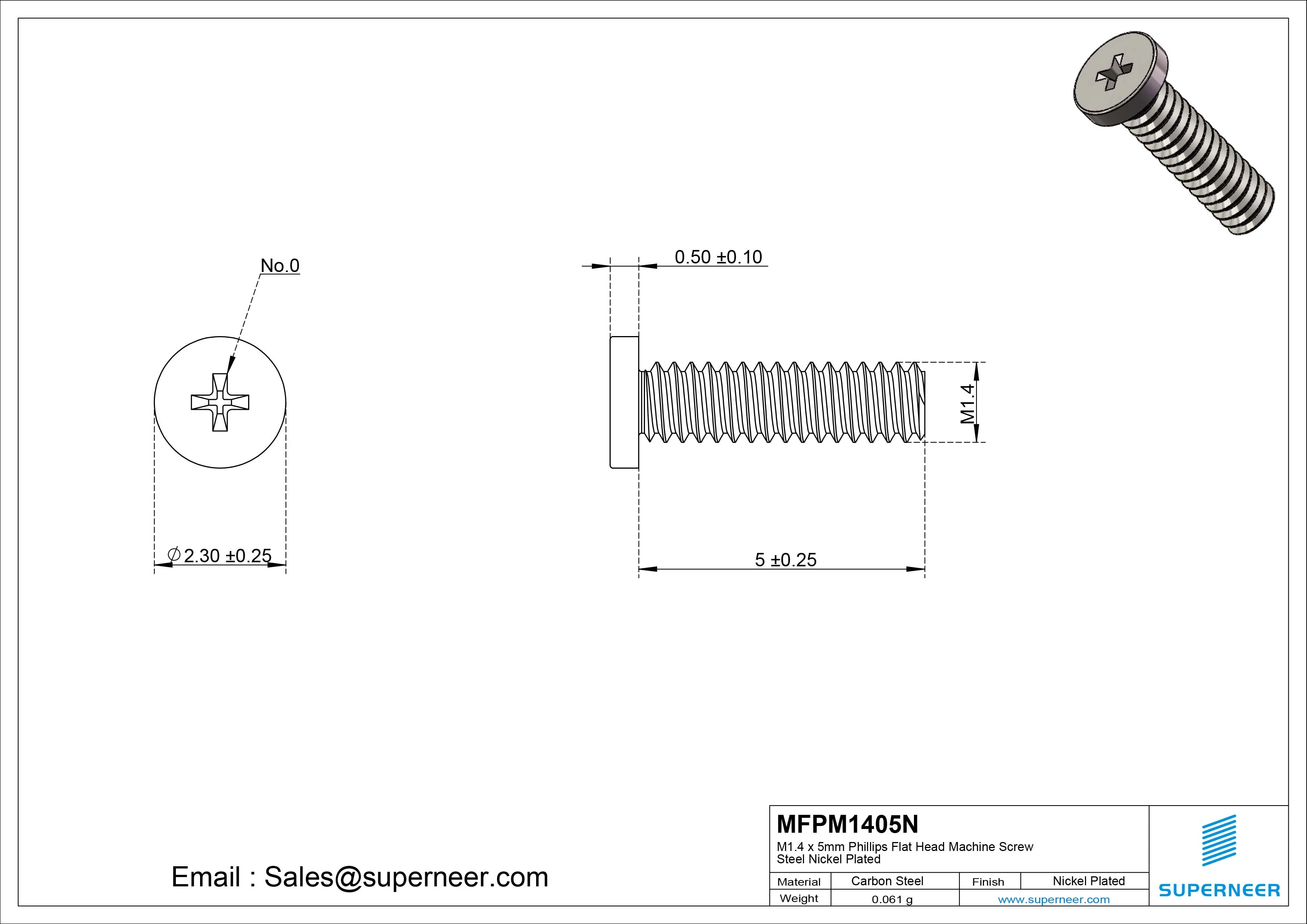 M1.4 x 5mm Phillips Flat Head Machine Screw Carbon Steel Nickel Plated 