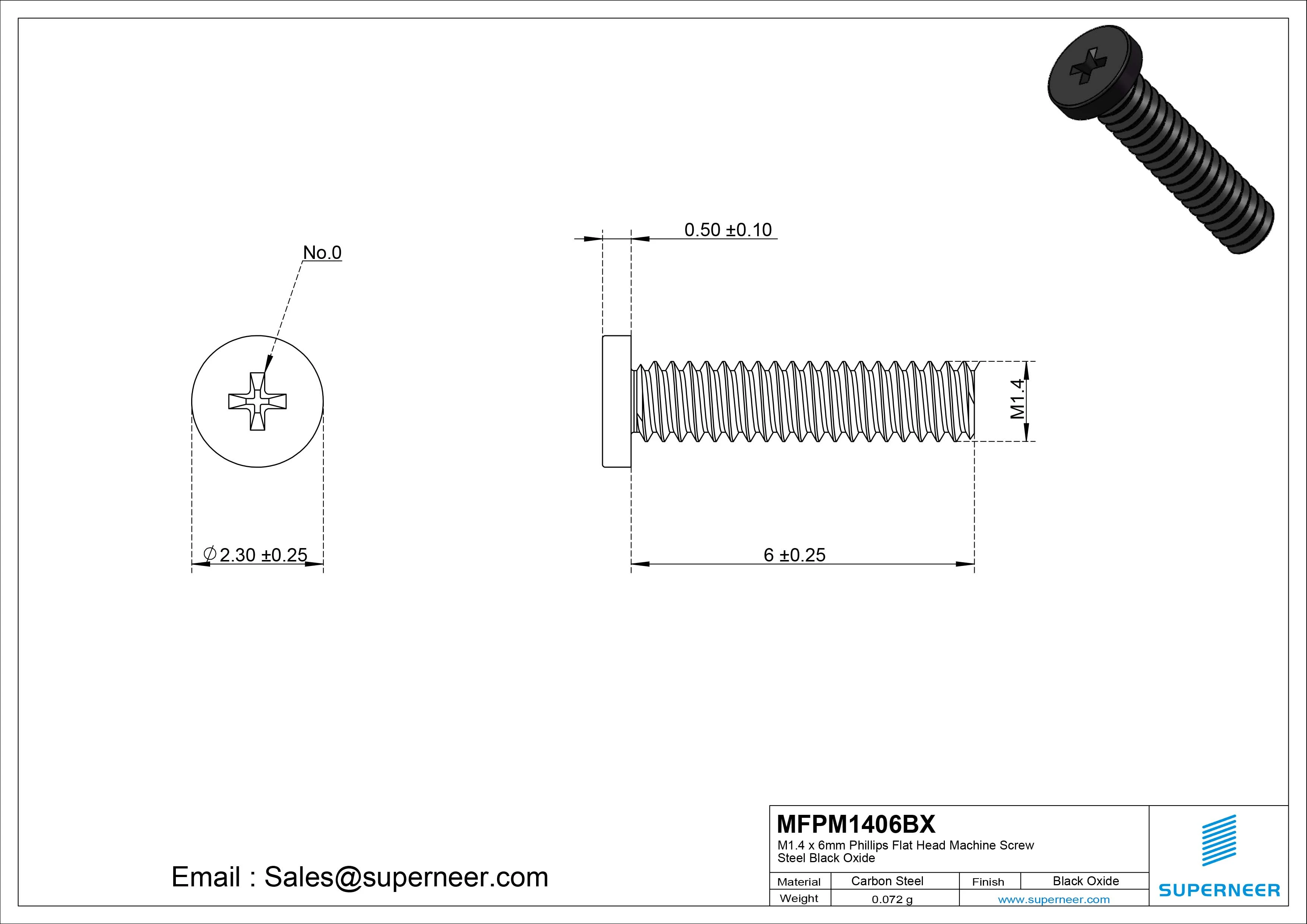 M1.4 x 6mm Phillips Flat Head Machine Screw Steel Black Oxide
