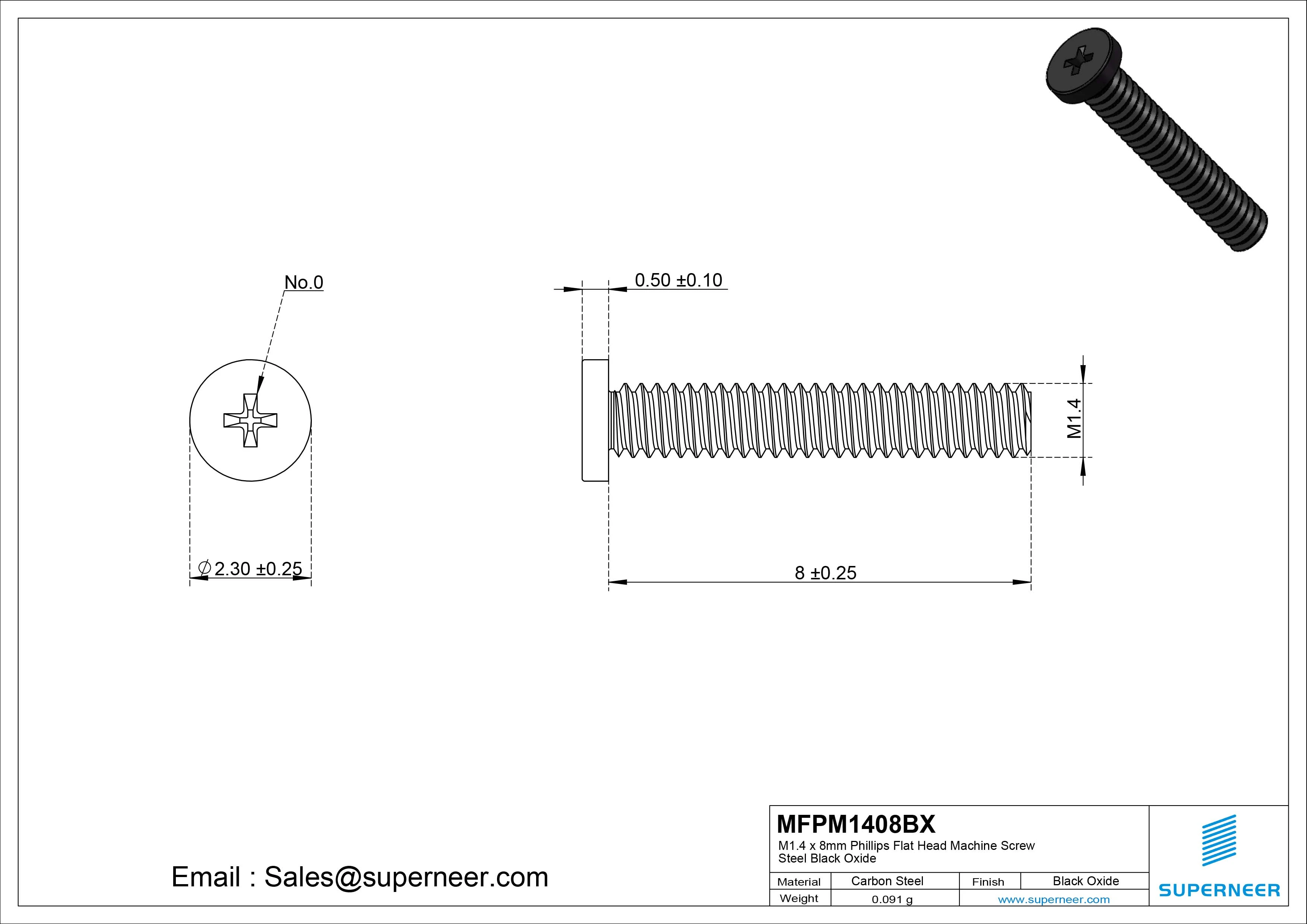 M1.4 x 8mm Phillips Flat Head Machine Screw Steel Black Oxide
