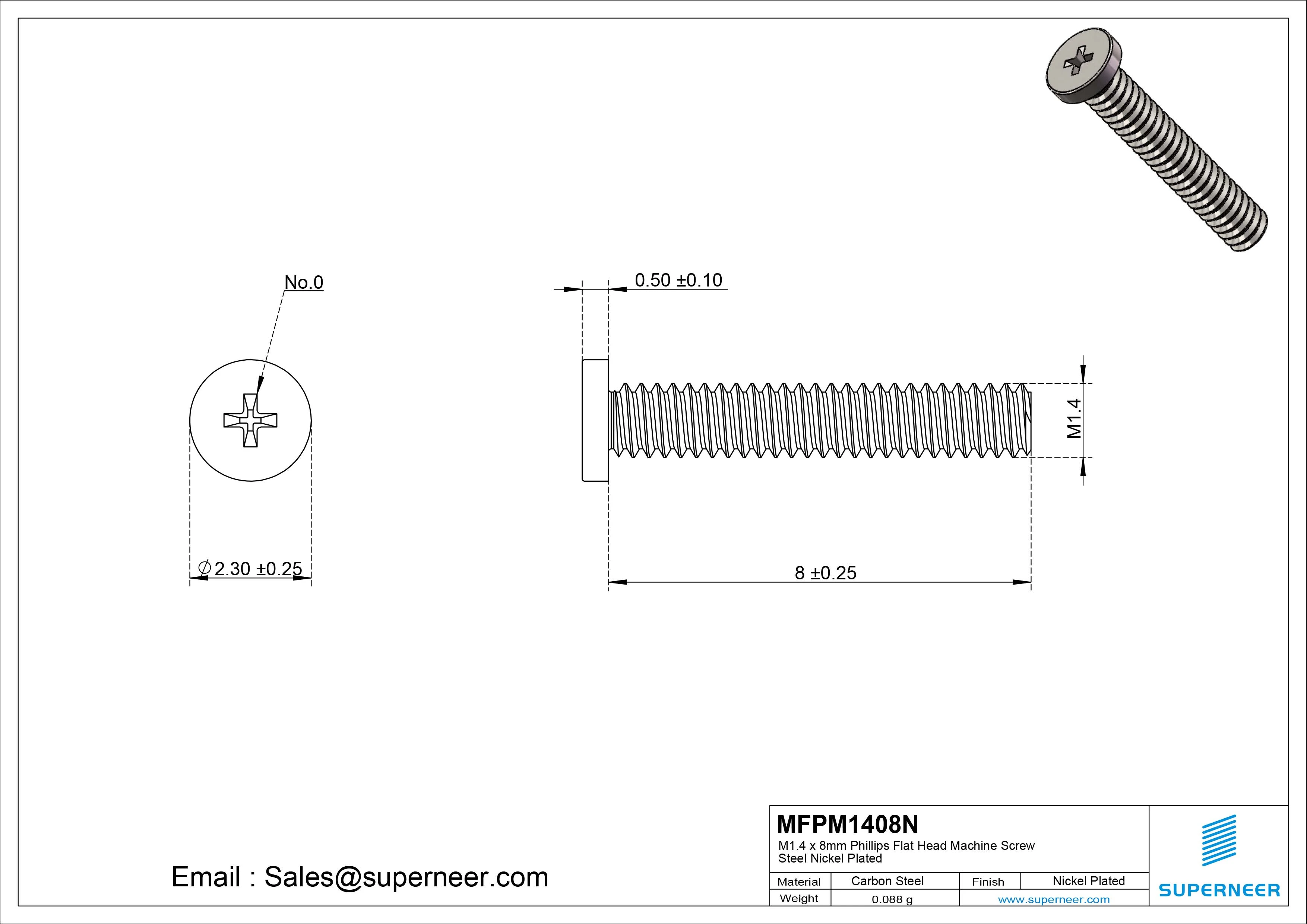 M1.4 x 8mm Phillips Flat Head Machine Screw Carbon Steel Nickel Plated 