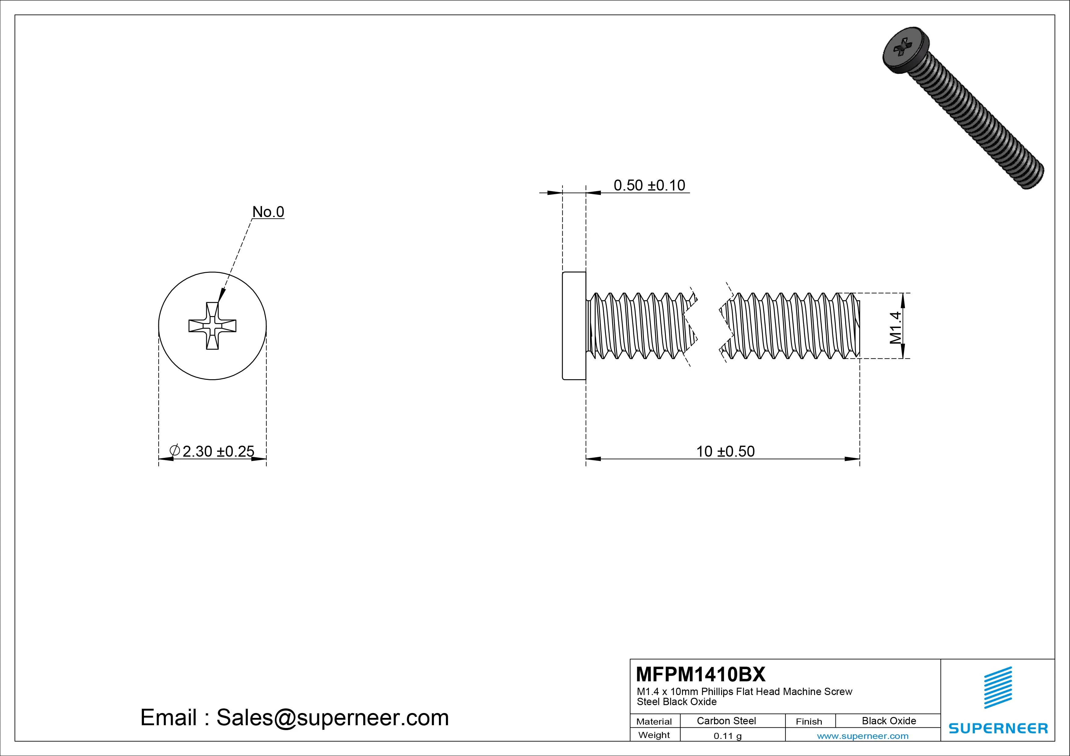 M1.4 x 10mm Phillips Flat Head Machine Screw Steel Black Oxide