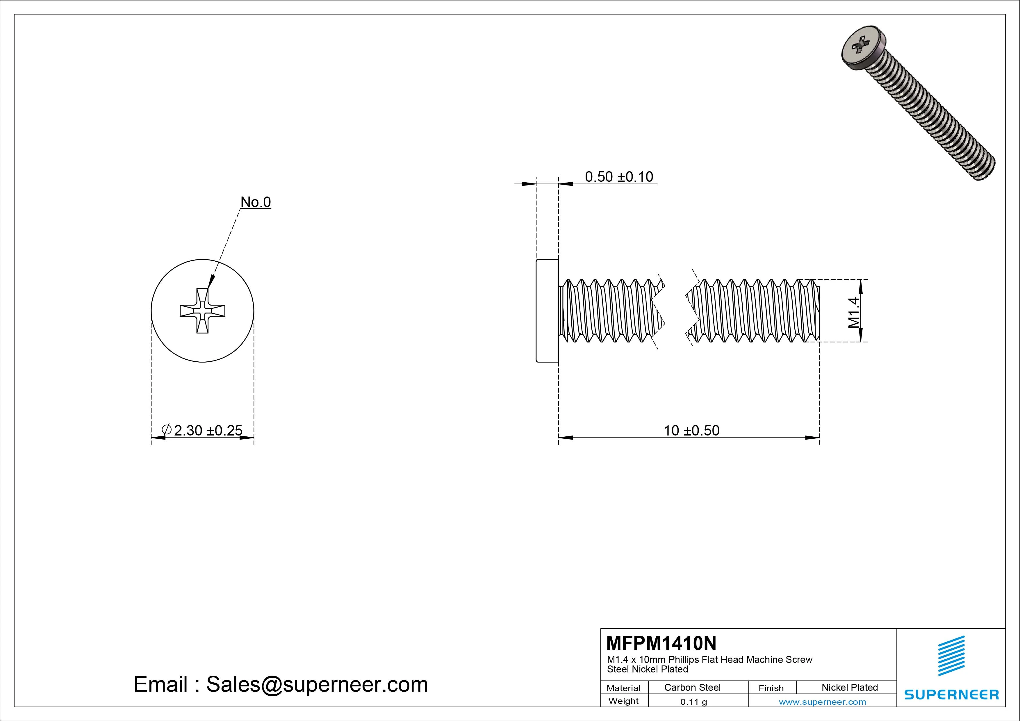 M1.4 x 10mm Phillips Flat Head Machine Screw Carbon Steel Nickel Plated 