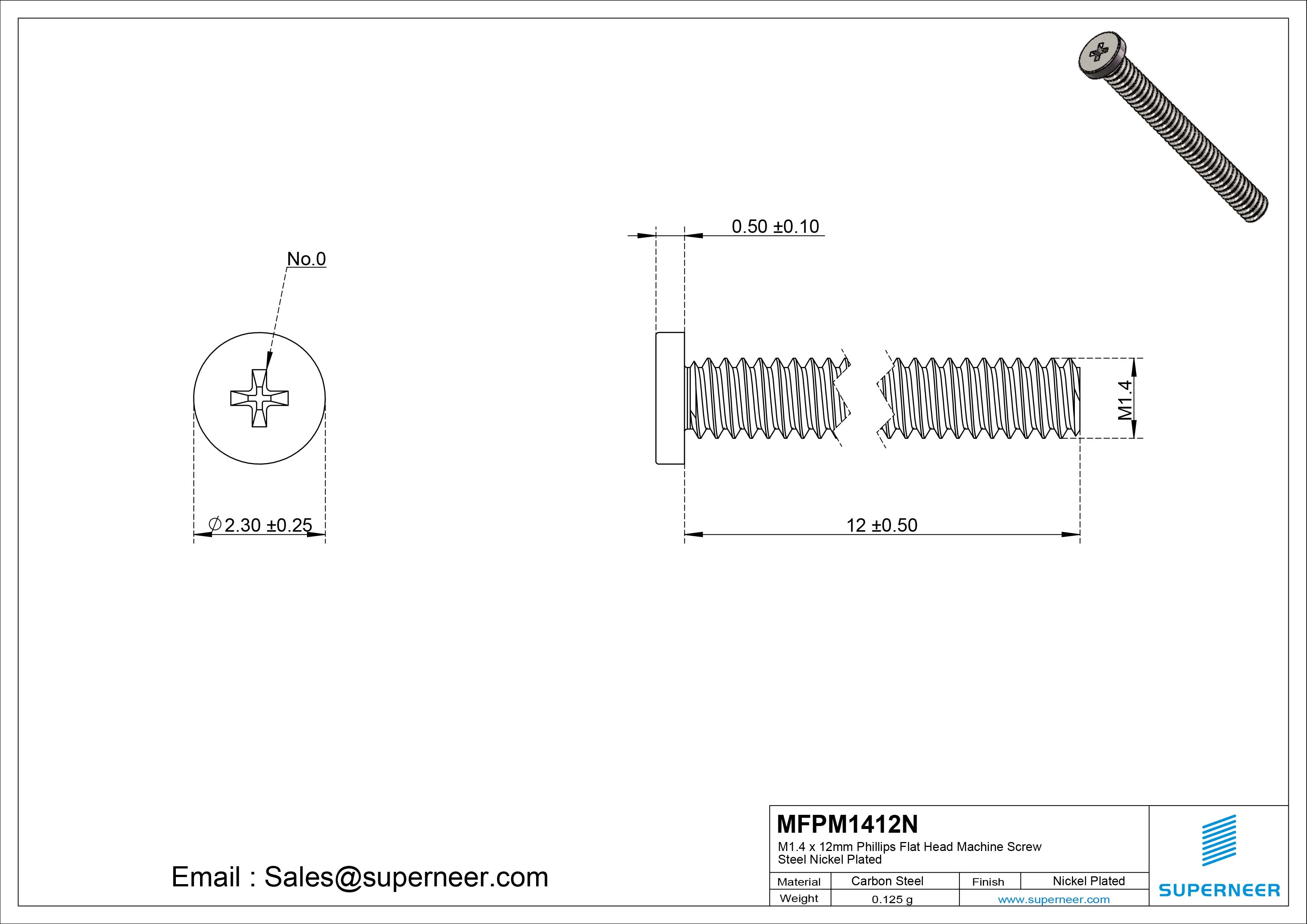 M1.4 x 12mm Phillips Flat Head Machine Screw Carbon Steel Nickel Plated 