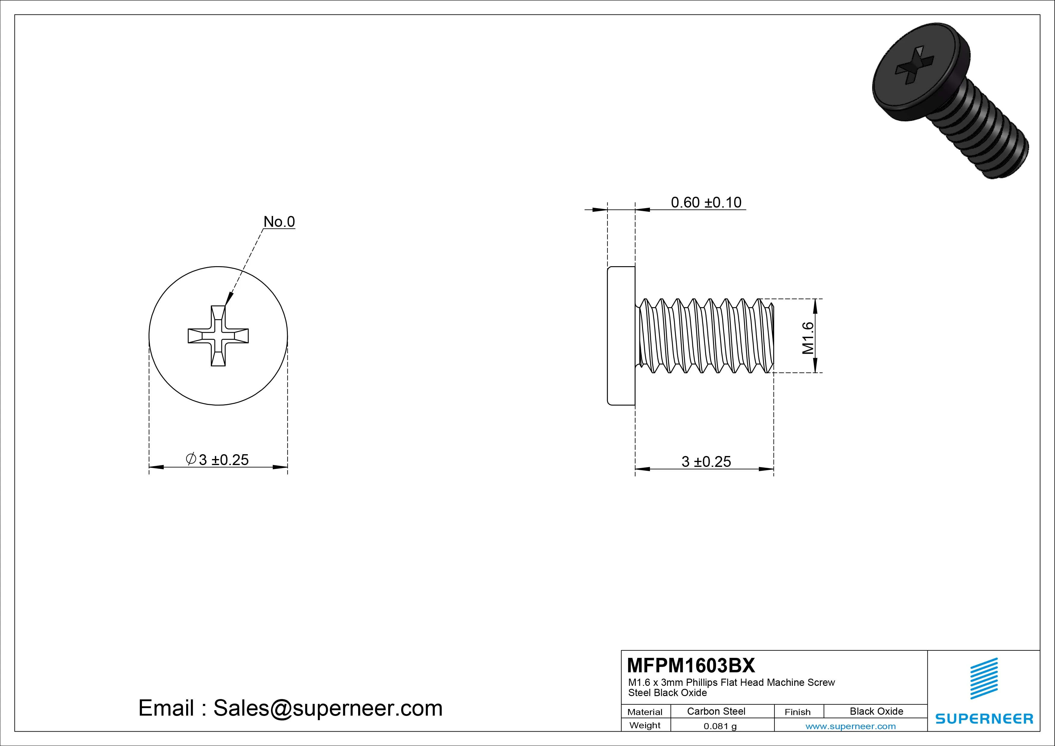 M1.6 x 3mm Phillips Flat Head Machine Screw Steel Black Oxide