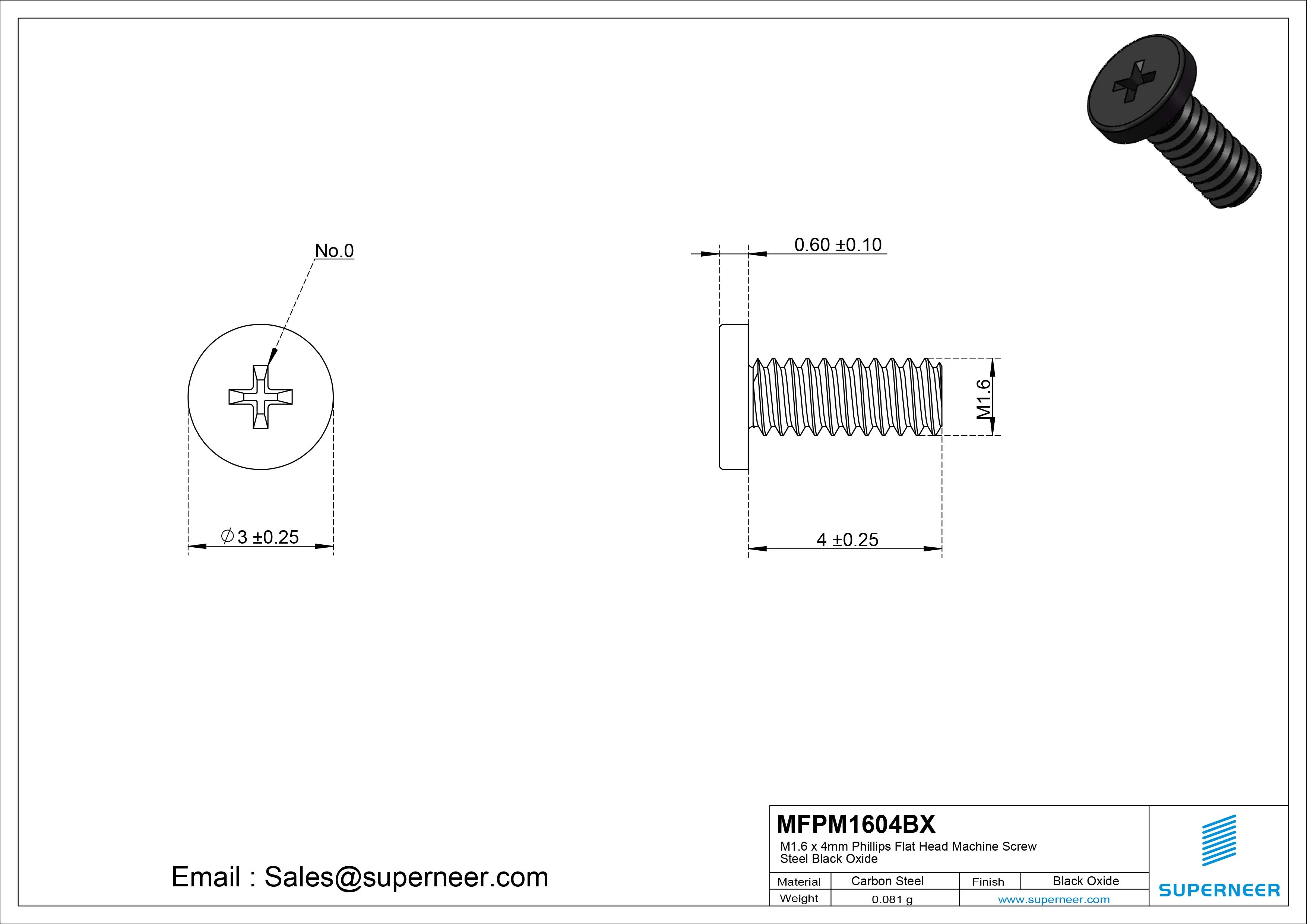 M1.6 x 4mm Phillips Flat Head Machine Screw Steel Black Oxide