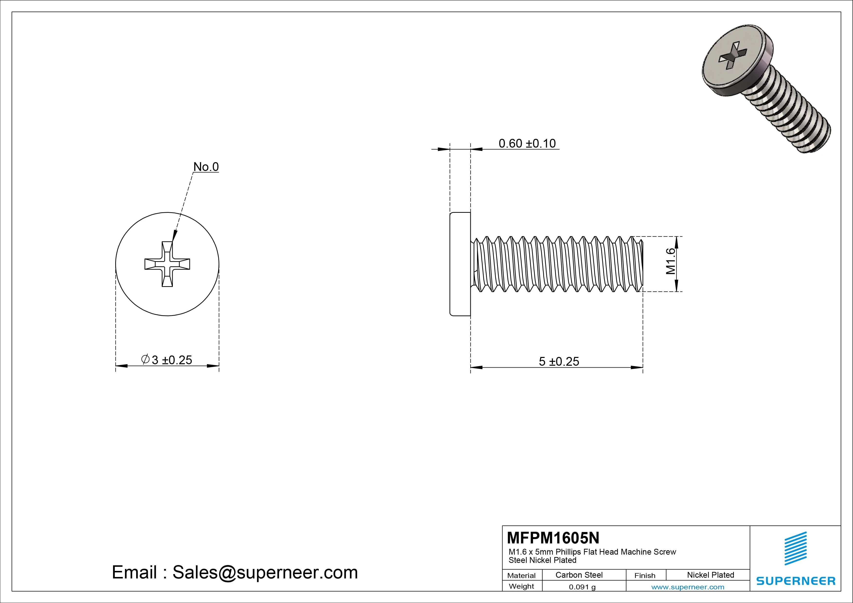M1.6 x 5mm Phillips Flat Head Machine Screw Carbon Steel Nickel Plated 
