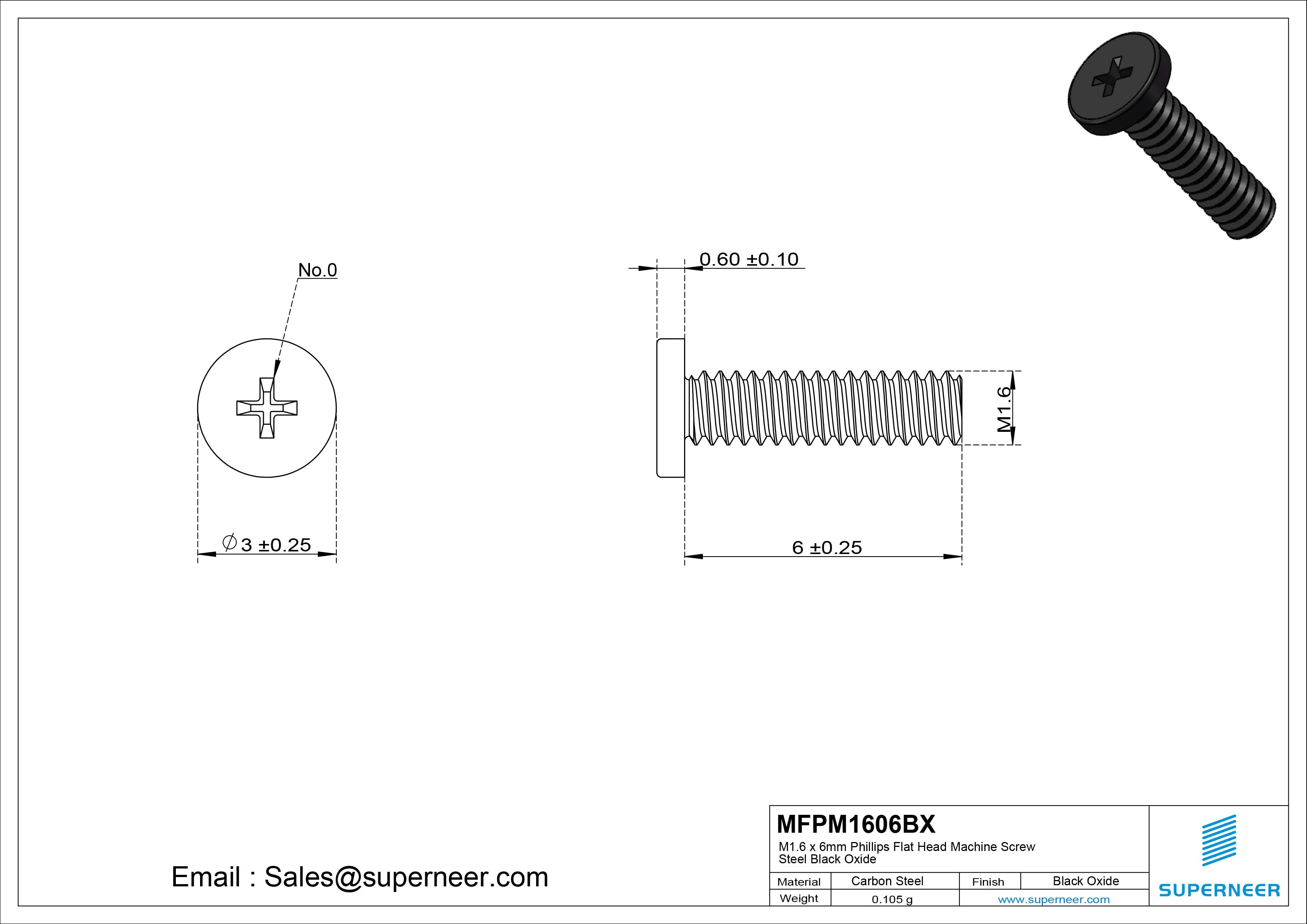 M1.6 x 6mm Phillips Flat Head Machine Screw Steel Black Oxide