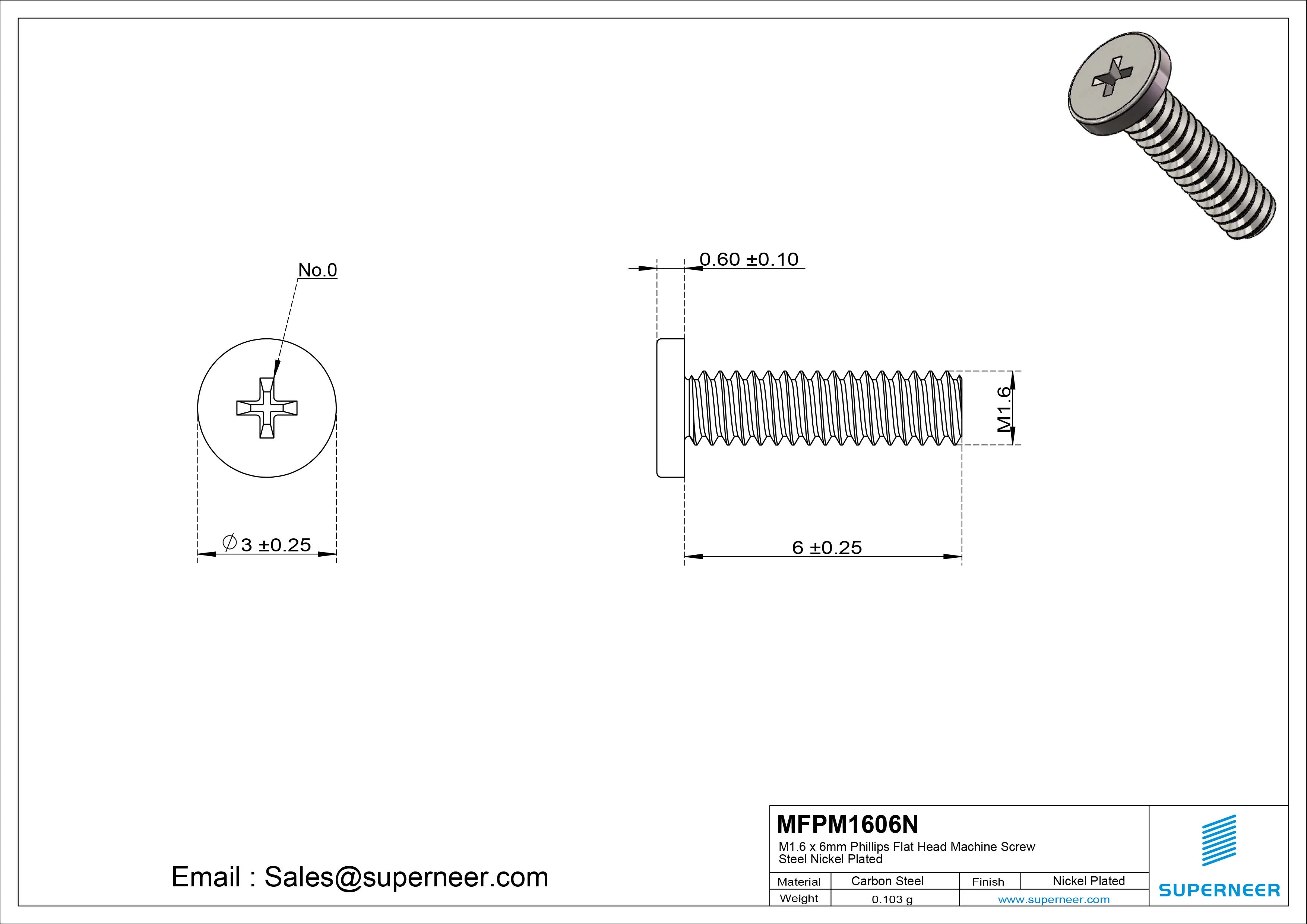 M1.6 x 6mm Phillips Flat Head Machine Screw Carbon Steel Nickel Plated 