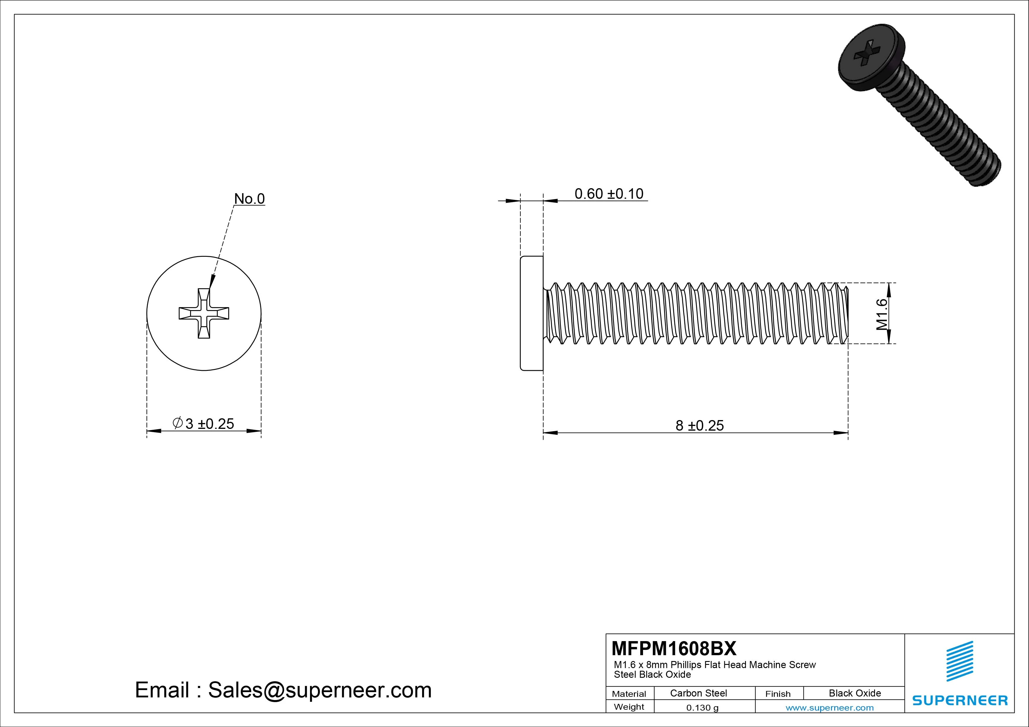 M1.6 x 8mm Phillips Flat Head Machine Screw Steel Black Oxide