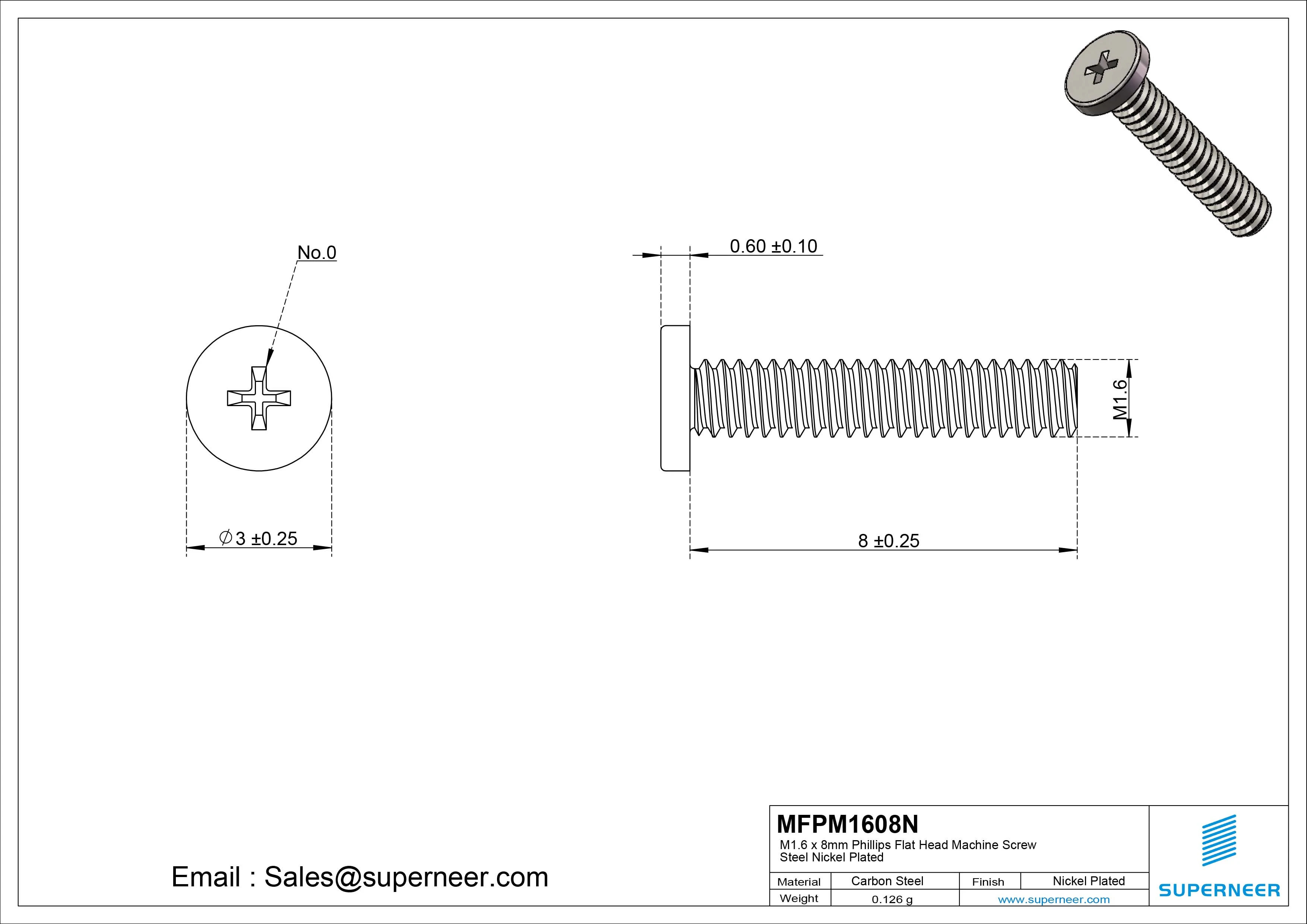 M1.6 x 8mm Phillips Flat Head Machine Screw Carbon Steel Nickel Plated 