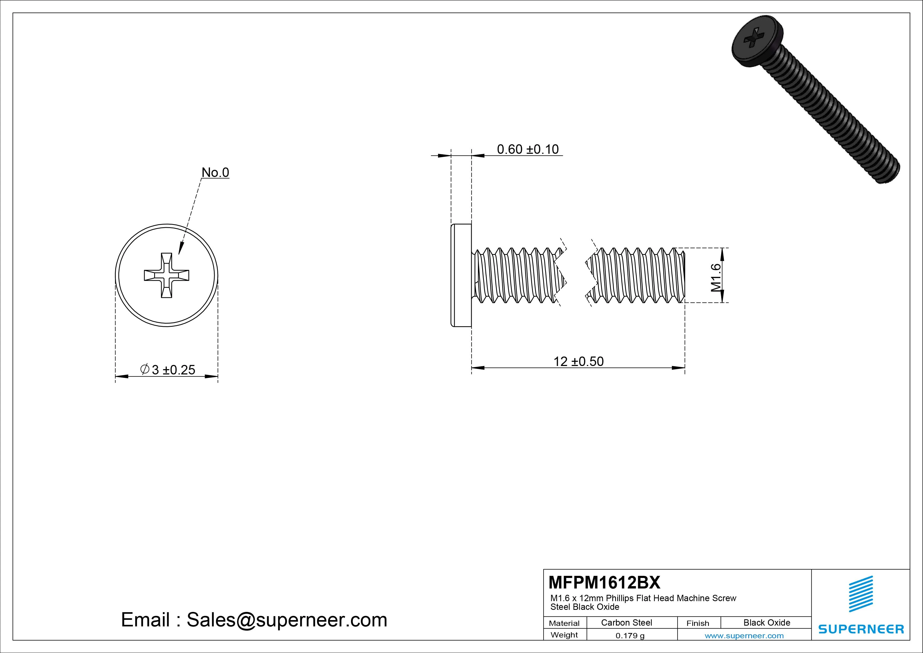 M1.6 x 12mm Phillips Flat Head Machine Screw Steel Black Oxide