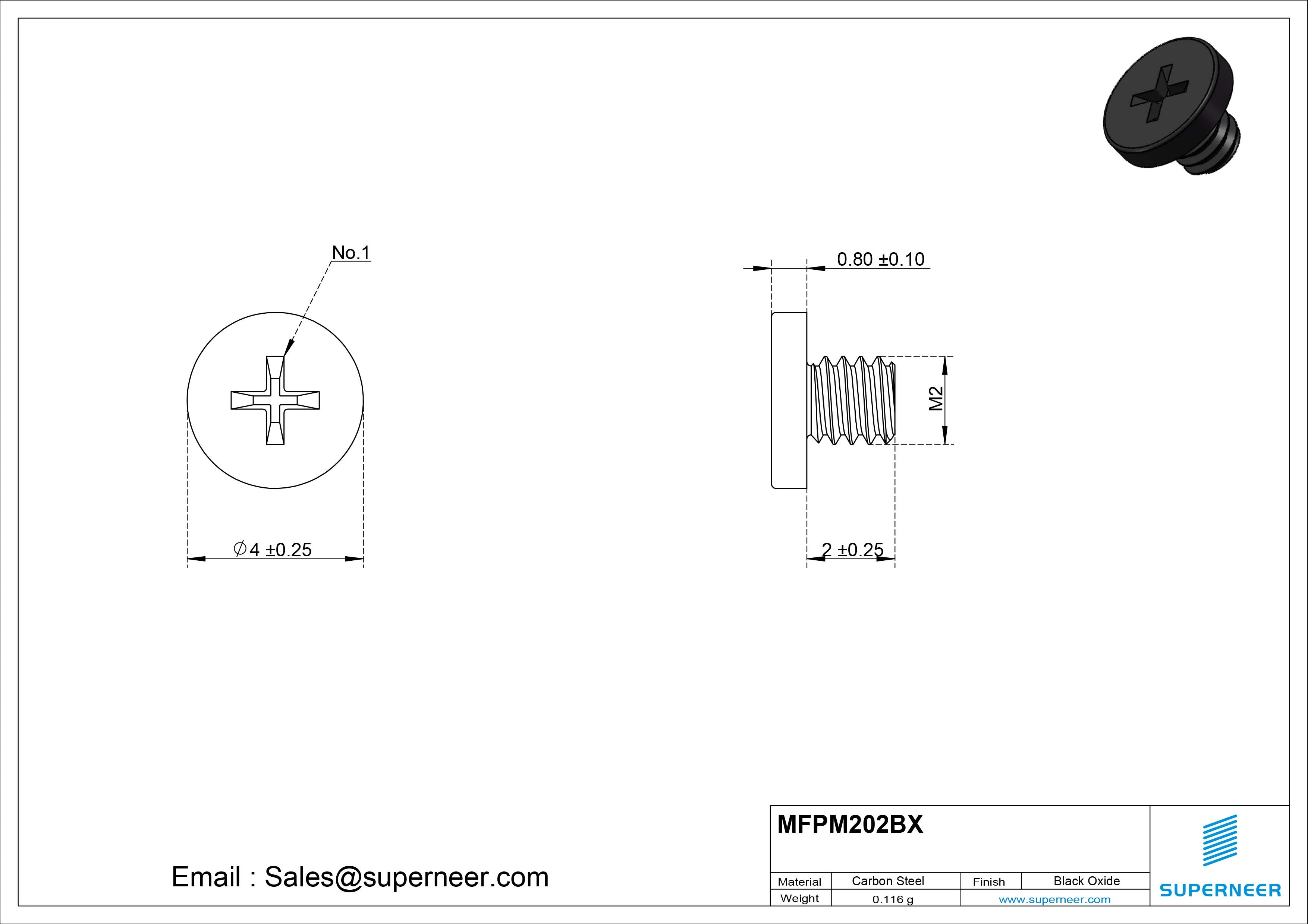 M2 x 2mm Phillips Flat Head Machine Screw Steel Black Oxide