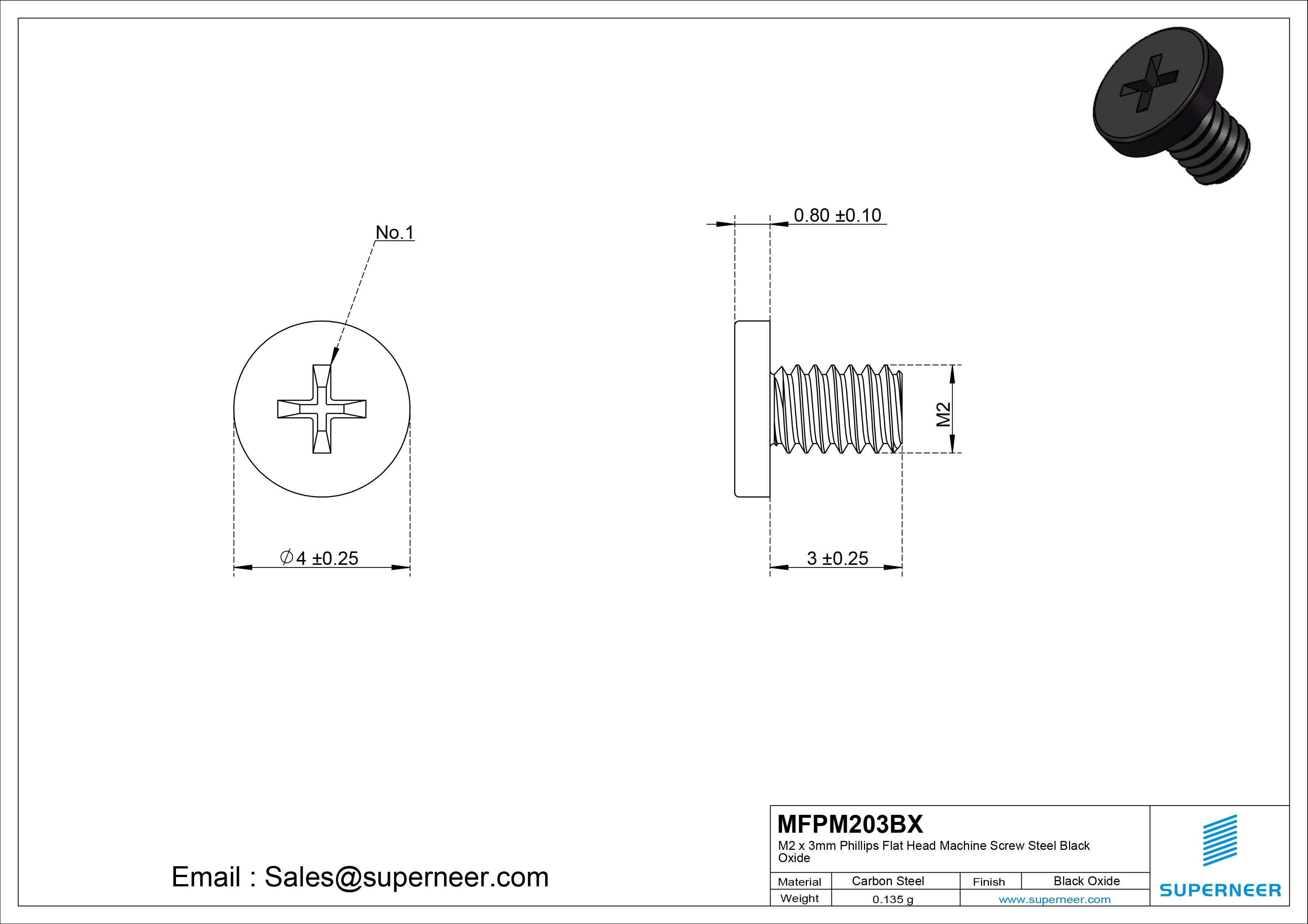 M2 x 3mm Phillips Flat Head Machine Screw Steel Black Oxide