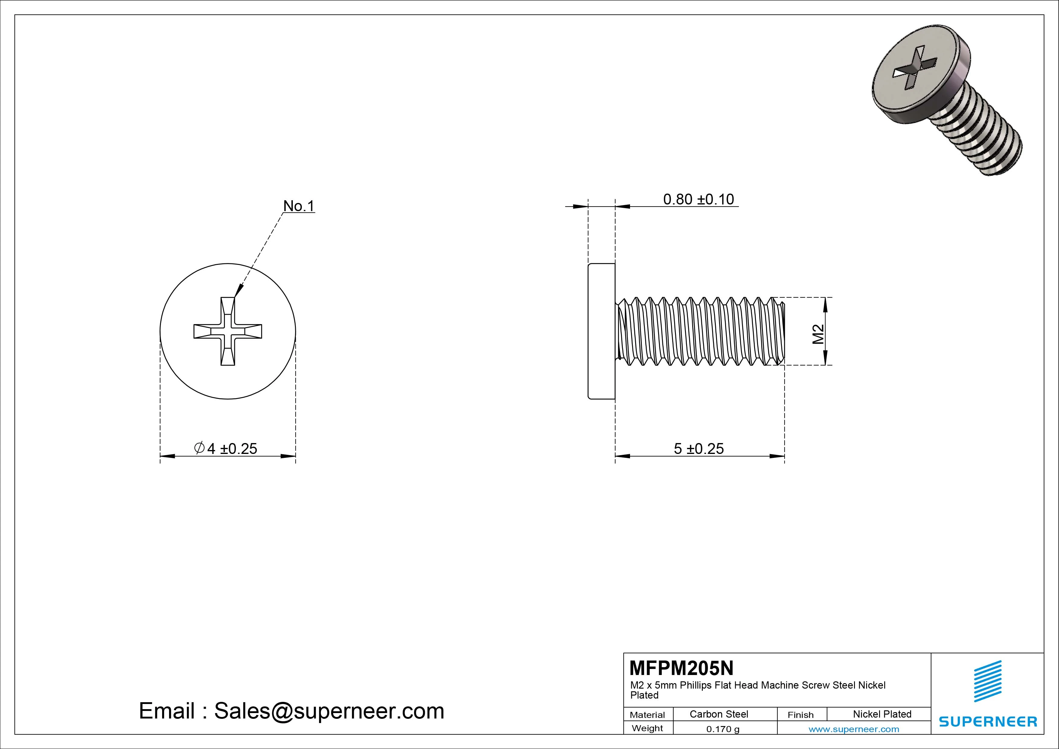 M2 x 5mm Phillips Flat Head Machine Screw Carbon Steel Nickel Plated 