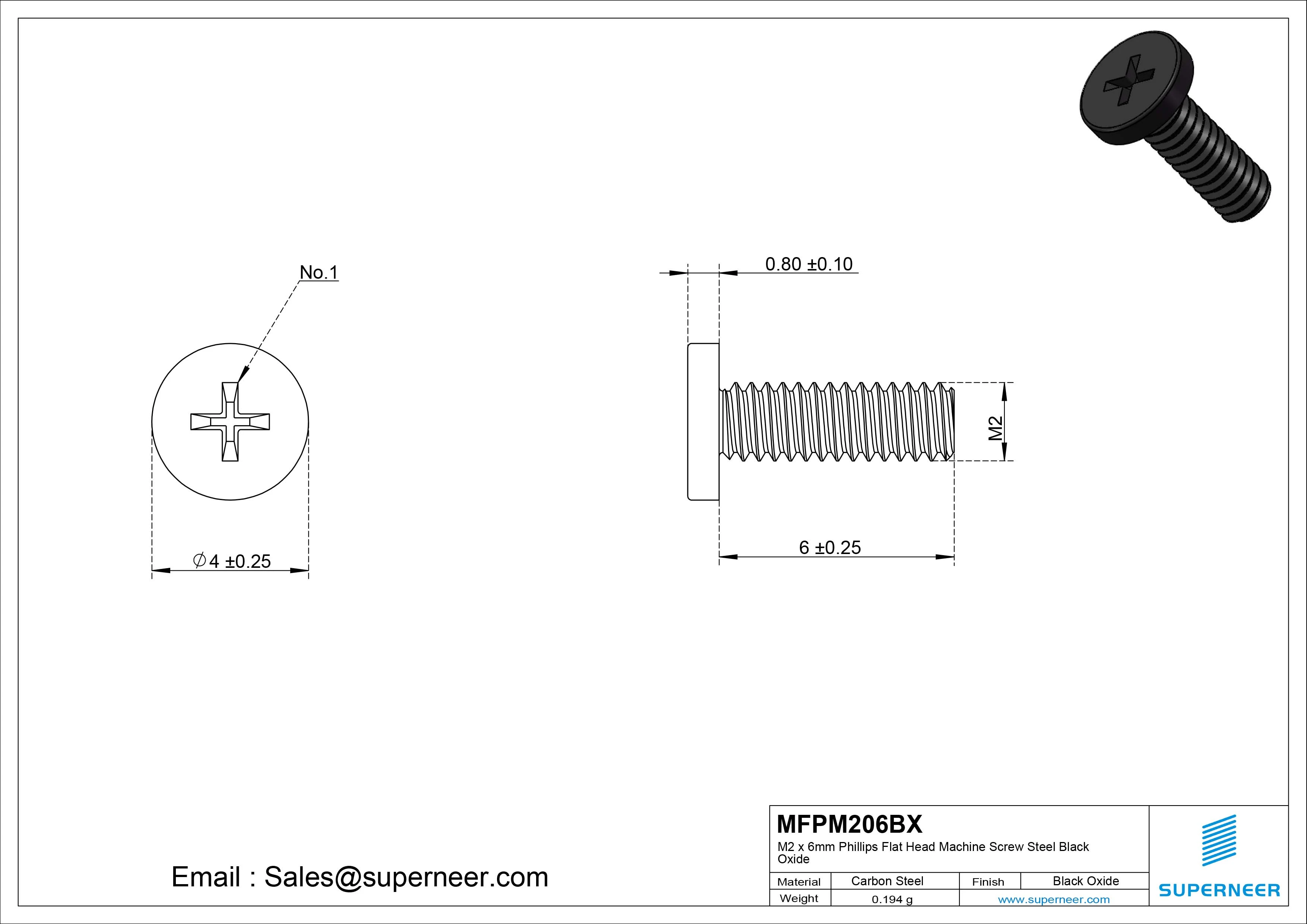 M2 x 6mm Phillips Flat Head Machine Screw Steel Black Oxide