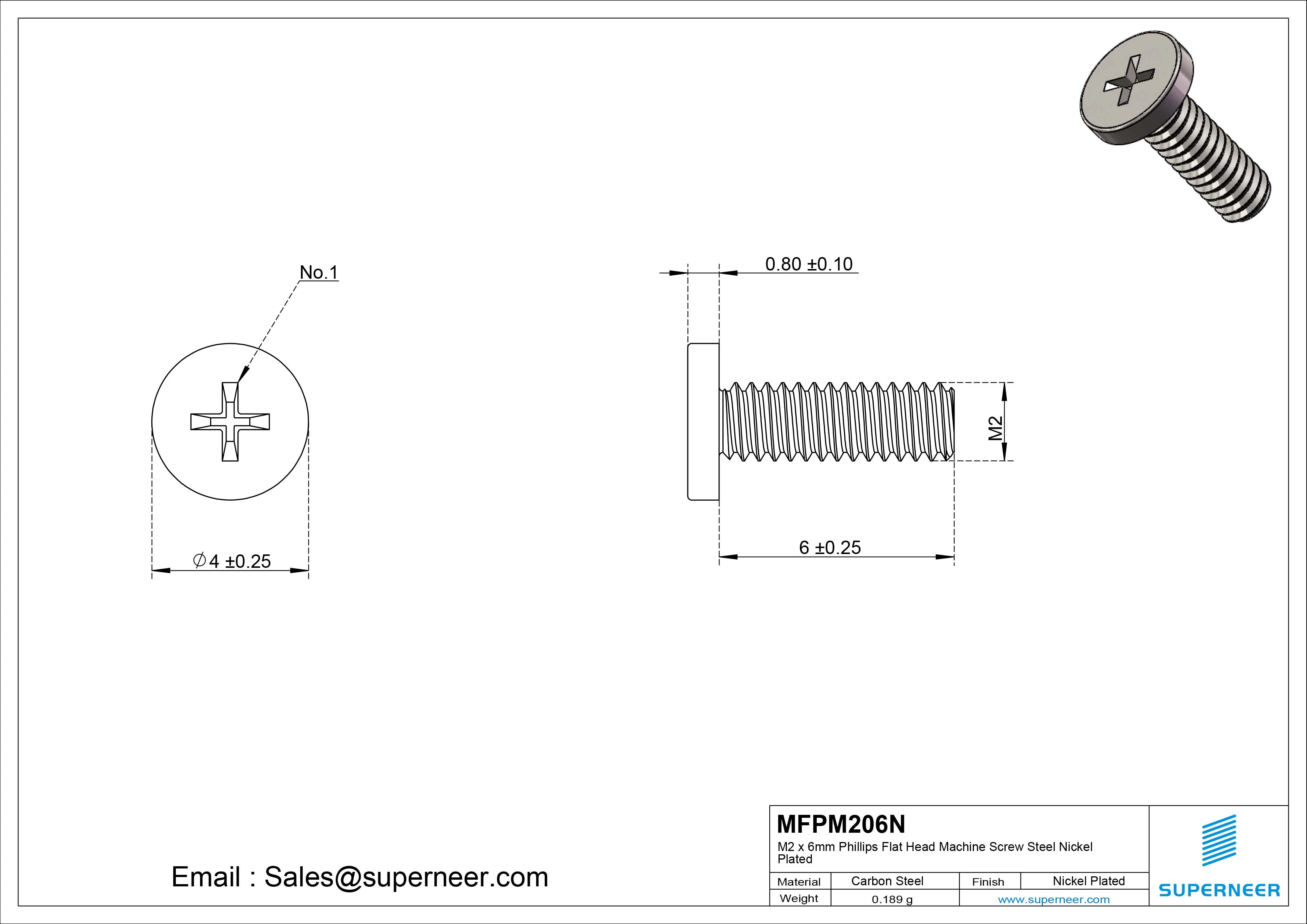 M2 x 6mm Phillips Flat Head Machine Screw Carbon Steel Nickel Plated 