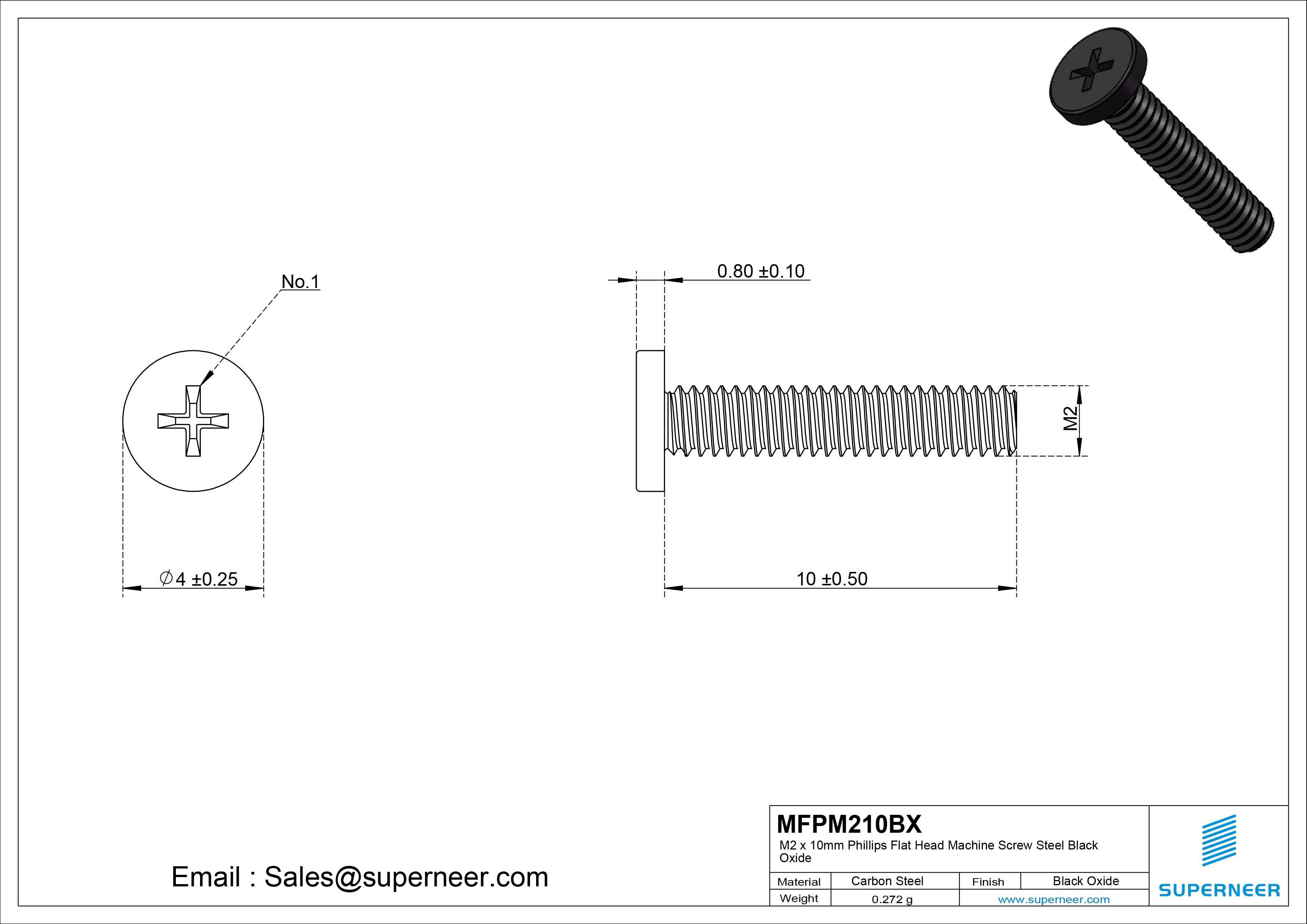 M2 x 10mm Phillips Flat Head Machine Screw Steel Black Oxide