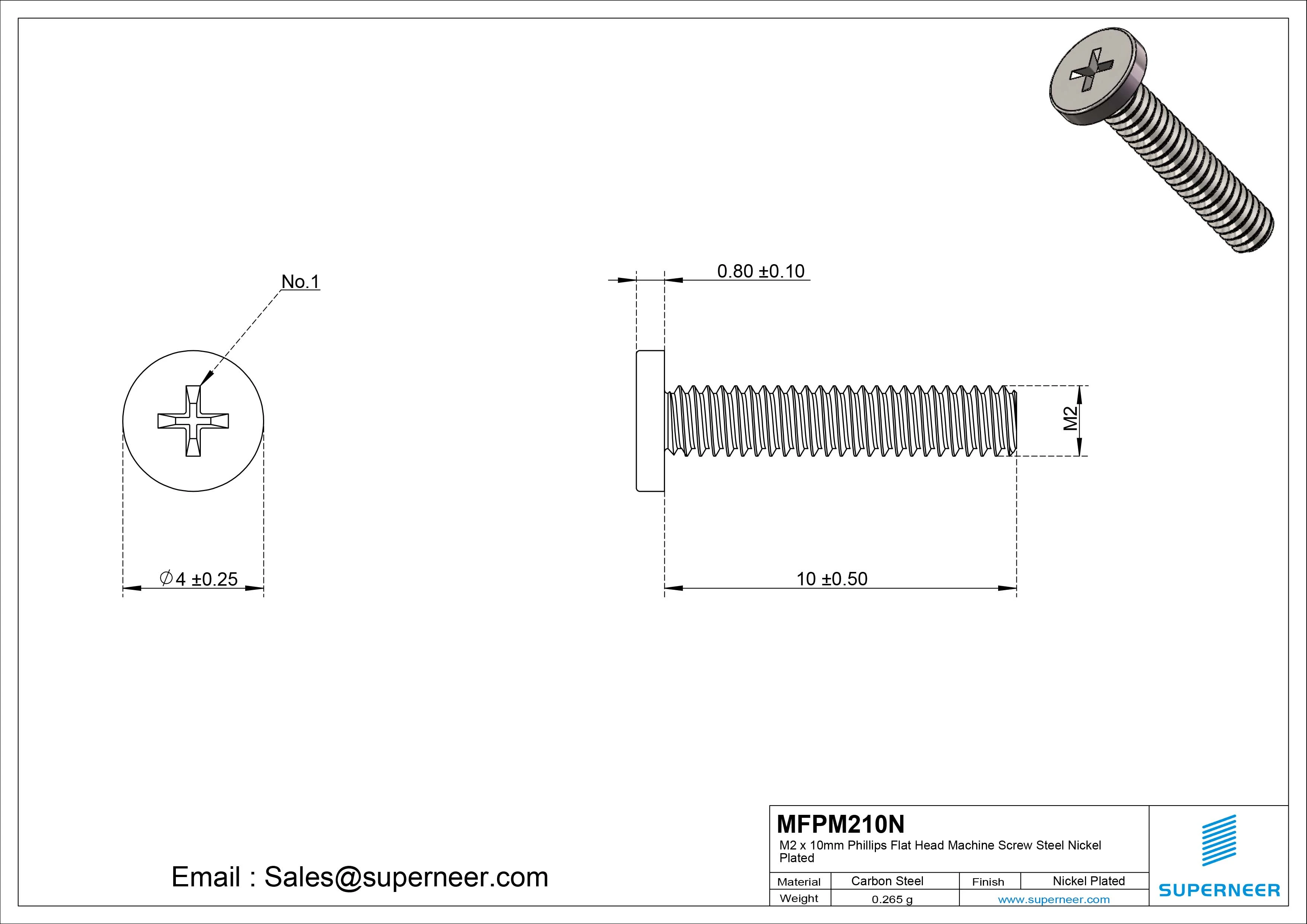 M2 x 10mm Phillips Flat Head Machine Screw Carbon Steel Nickel Plated 