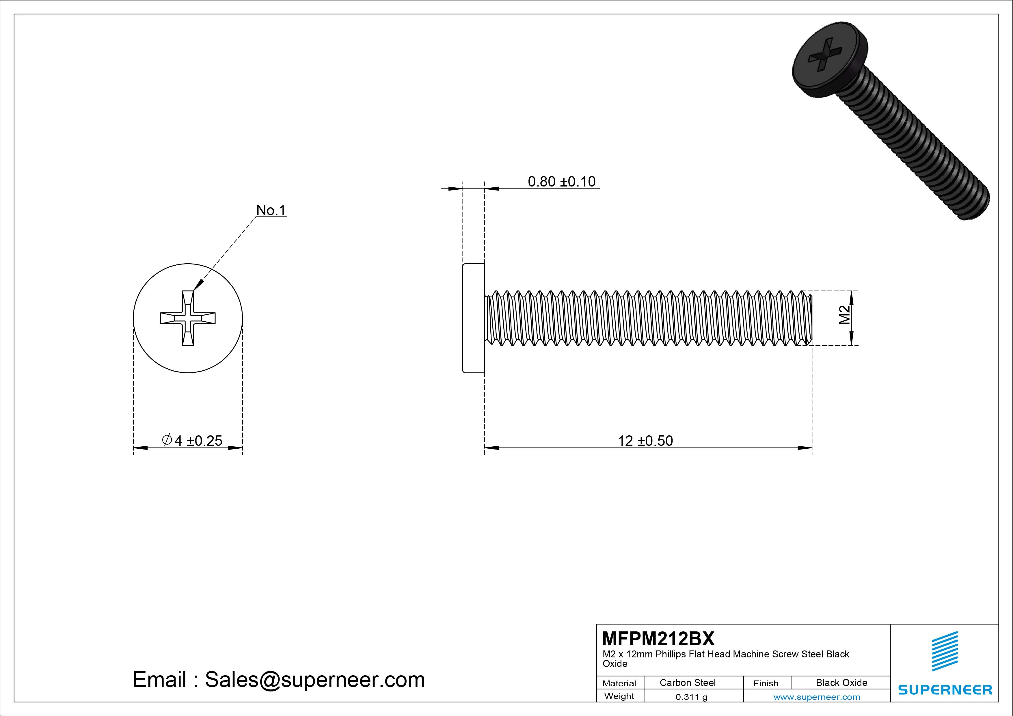 M2 x 12mm Phillips Flat Head Machine Screw Steel Black Oxide