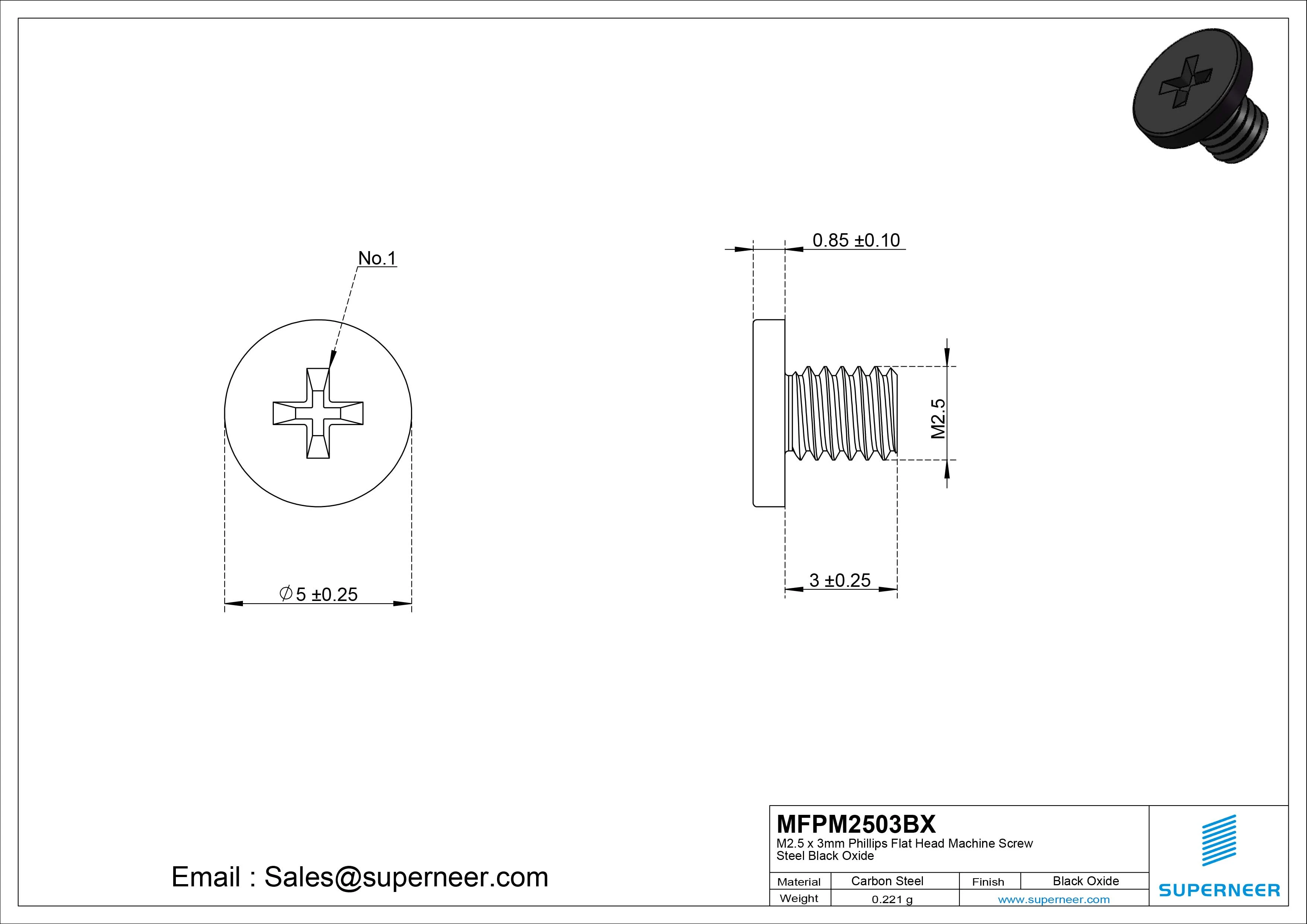M2.5 x 3mm Phillips Flat Head Machine Screw Steel Black Oxide