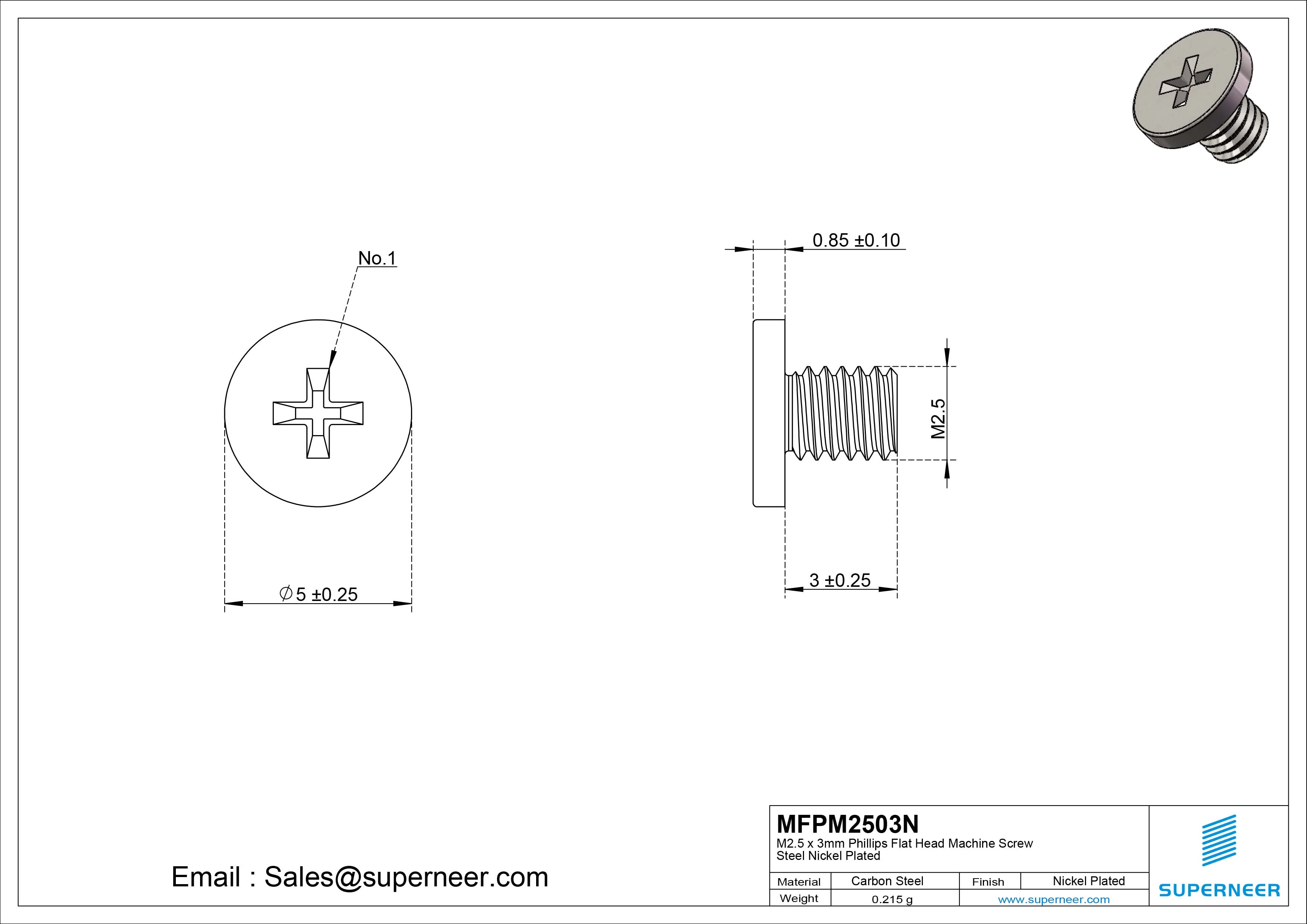 M2.5 x 3mm Phillips Flat Head Machine Screw Carbon Steel Nickel Plated 