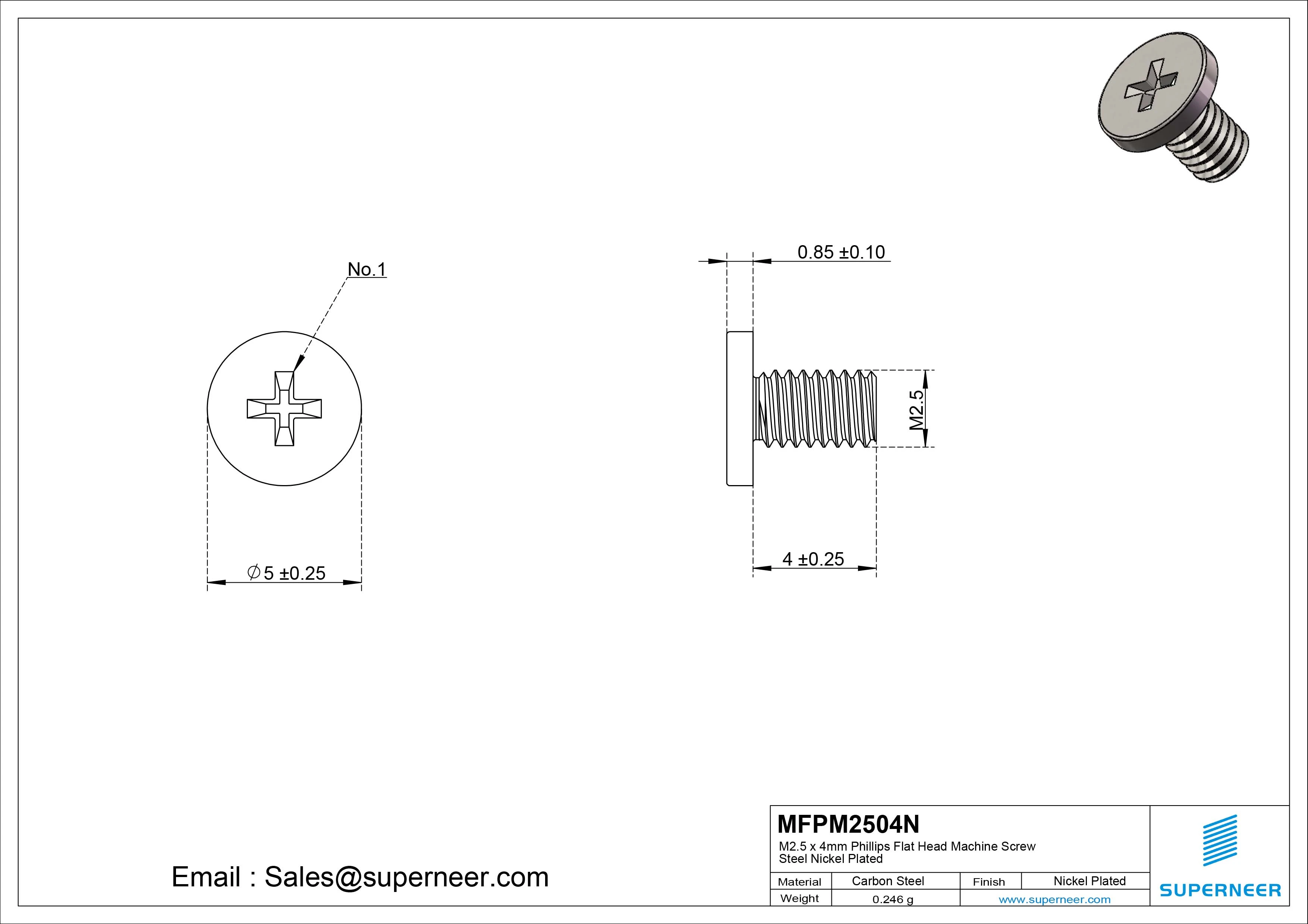 M2.5 x 4mm Phillips Flat Head Machine Screw Carbon Steel Nickel Plated 