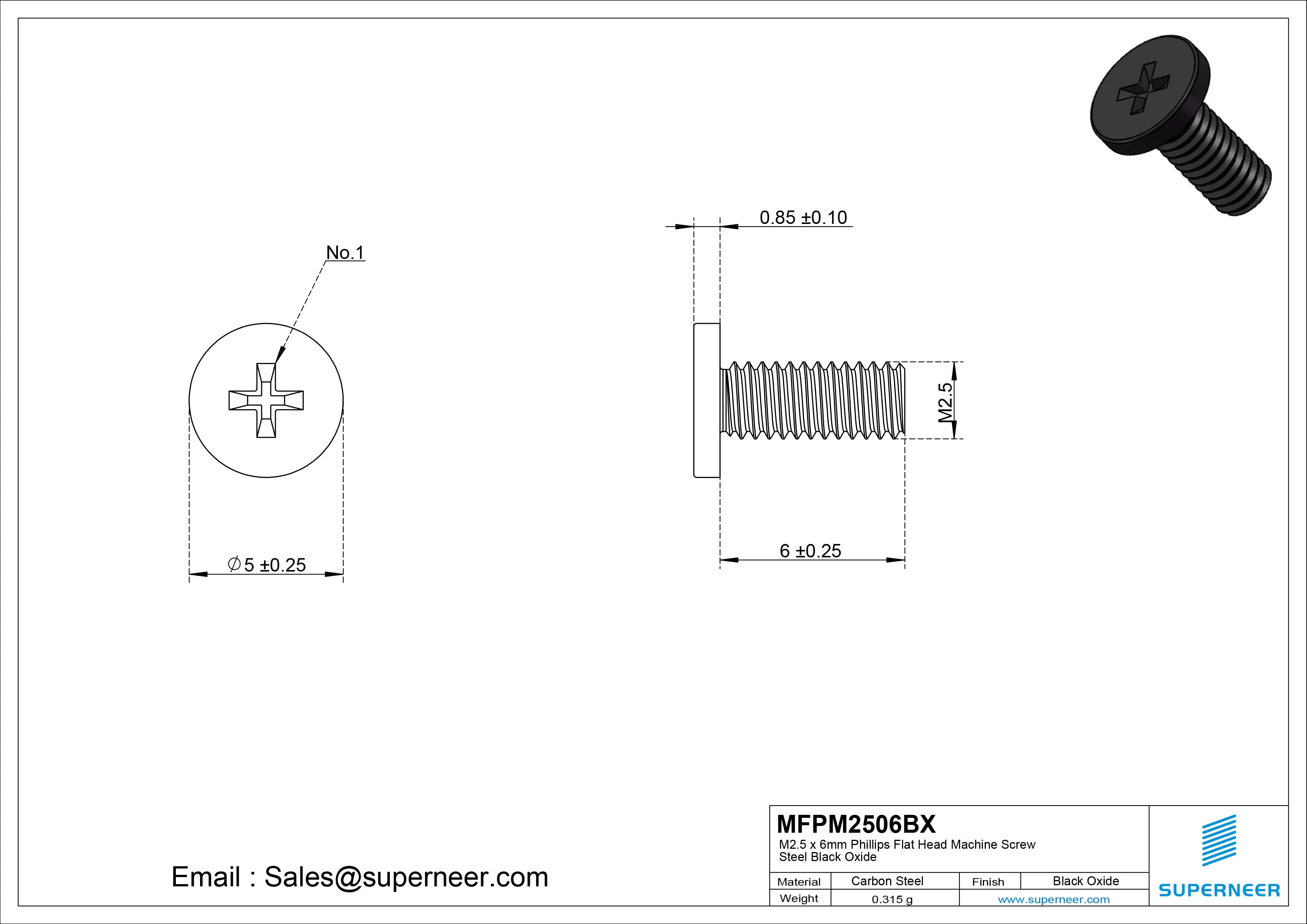 M2.5 x 6mm Phillips Flat Head Machine Screw Steel Black Oxide