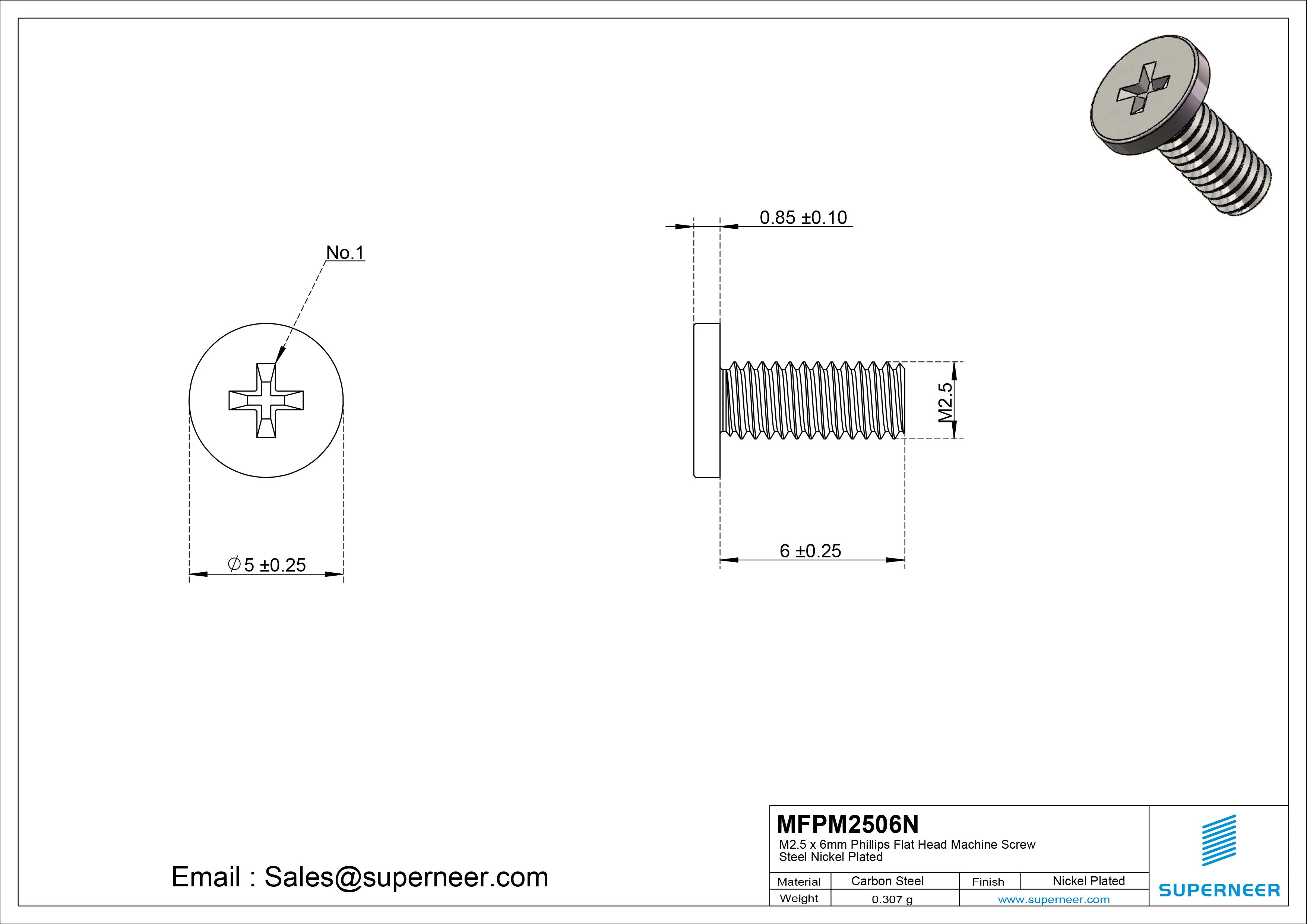 M2.5 x 6mm Phillips Flat Head Machine Screw Carbon Steel Nickel Plated 