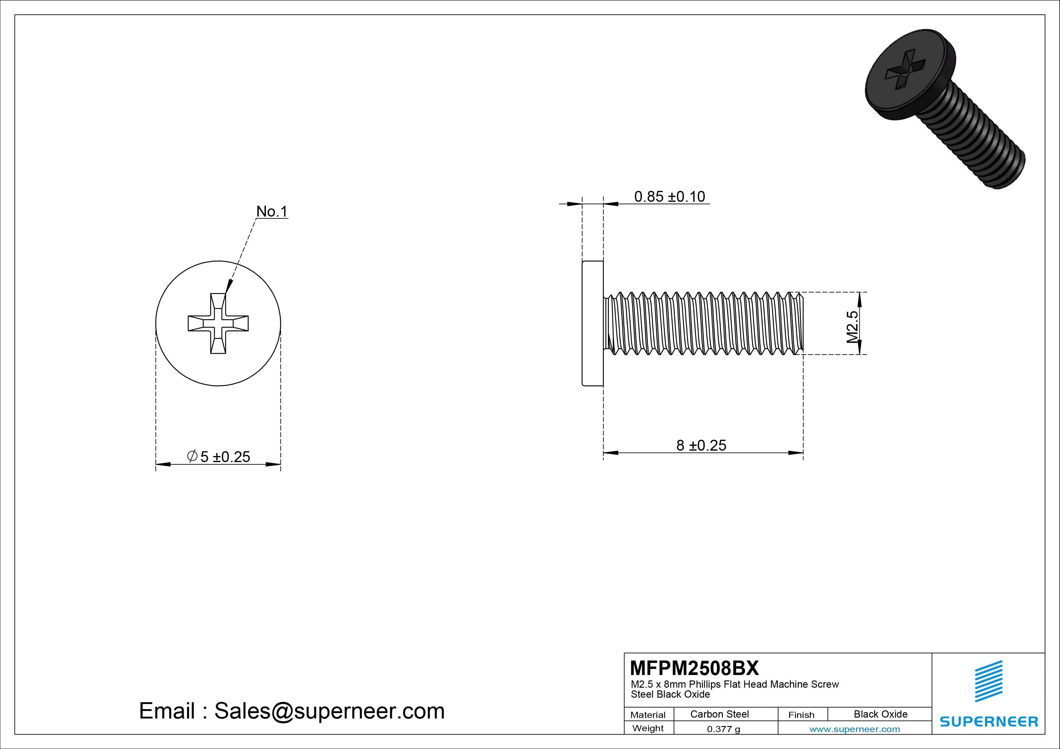 M2.5 x 8mm Phillips Flat Head Machine Screw Steel Black Oxide