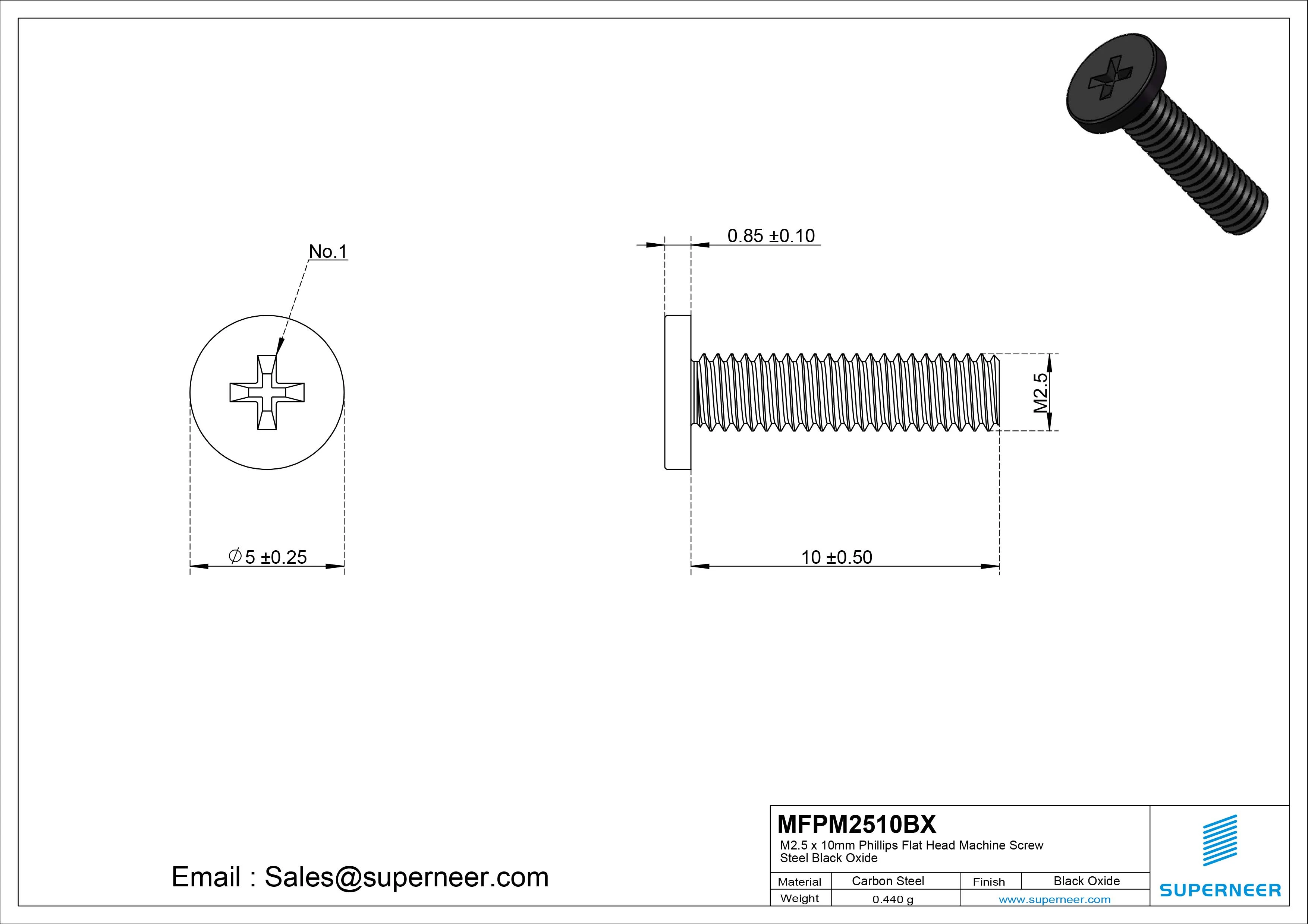 M2.5 x 10mm Phillips Flat Head Machine Screw Steel Black Oxide