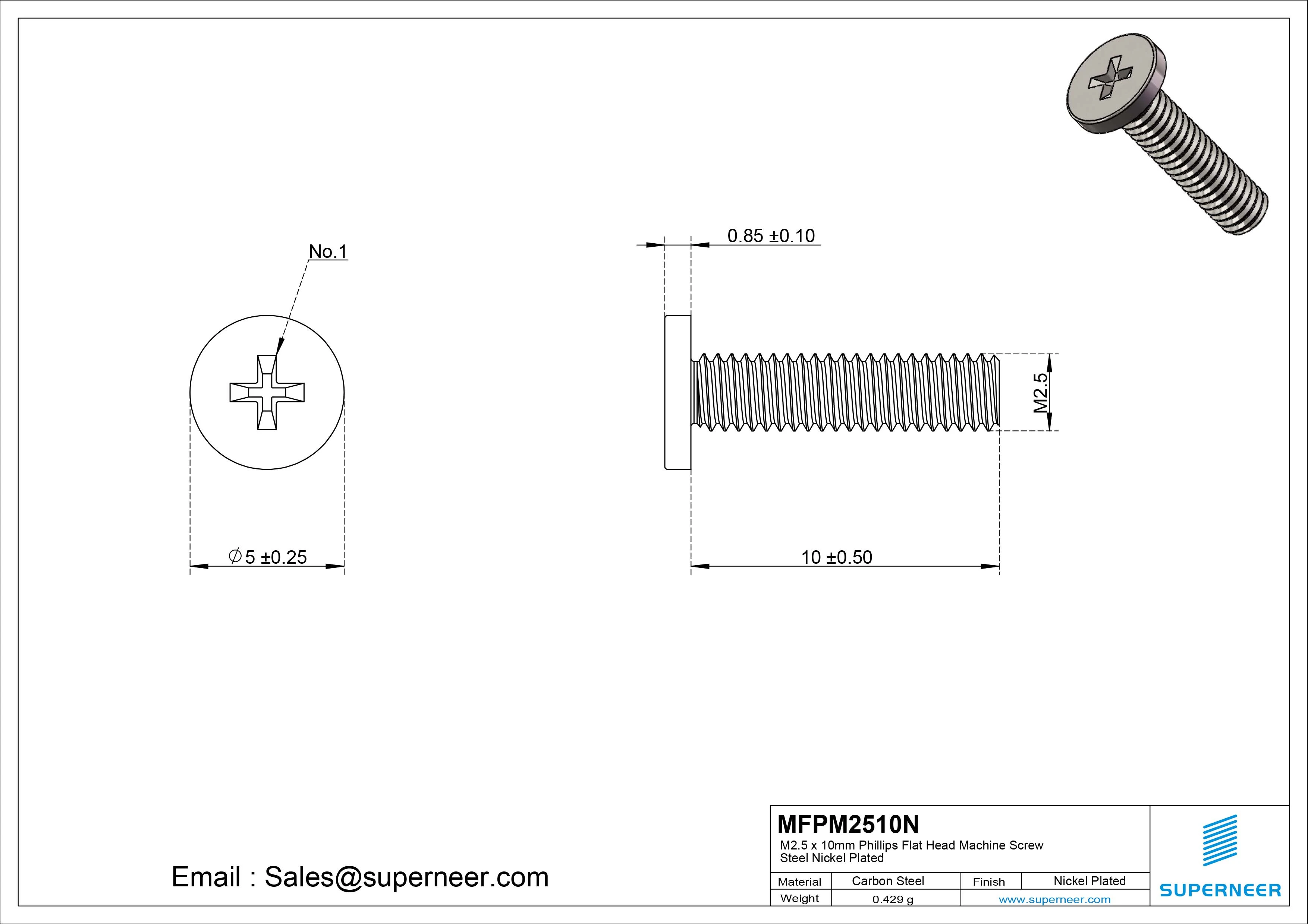 M2.5 x 10mm Phillips Flat Head Machine Screw Carbon Steel Nickel Plated 