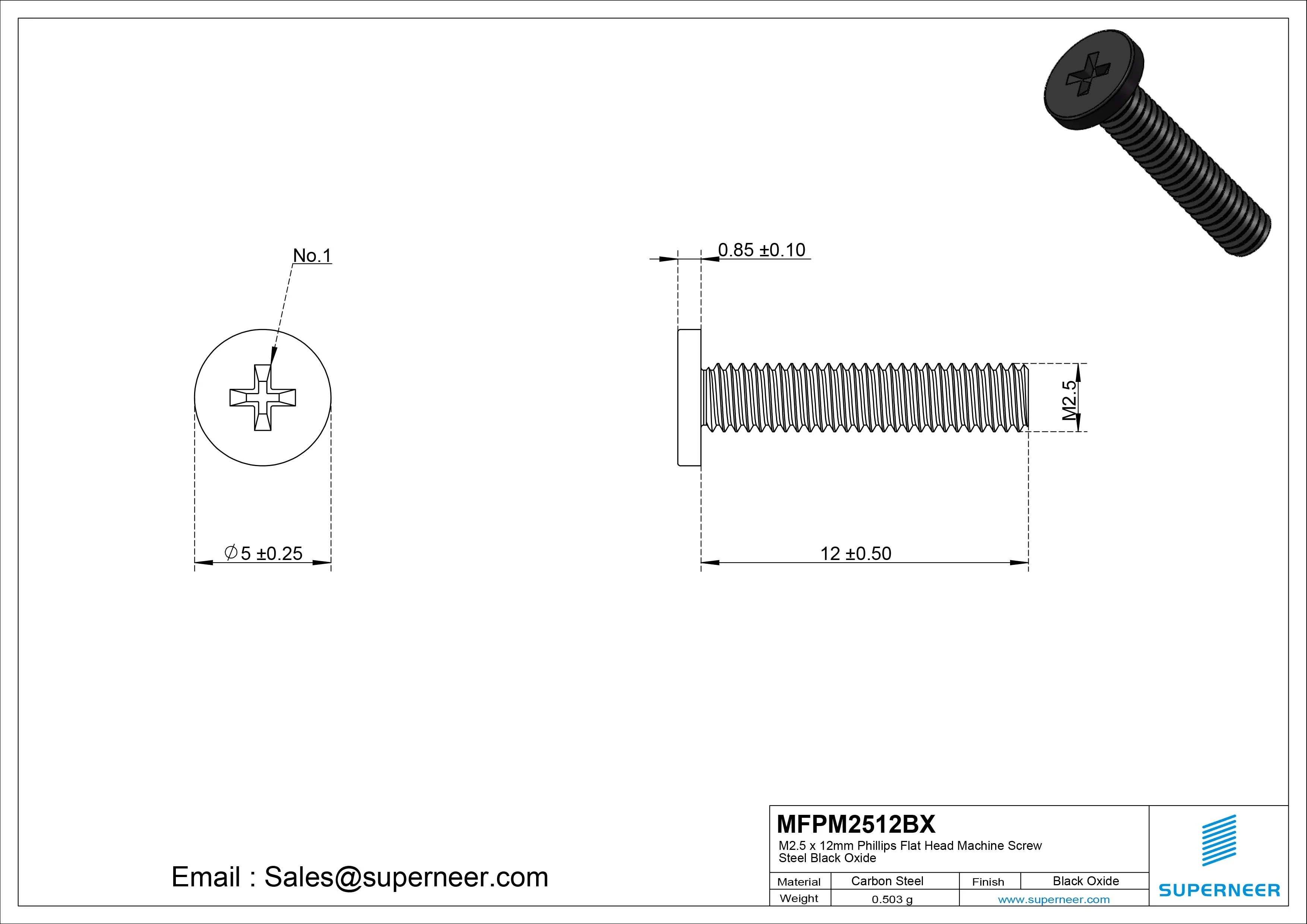 M2.5 x 12mm Phillips Flat Head Machine Screw Steel Black Oxide