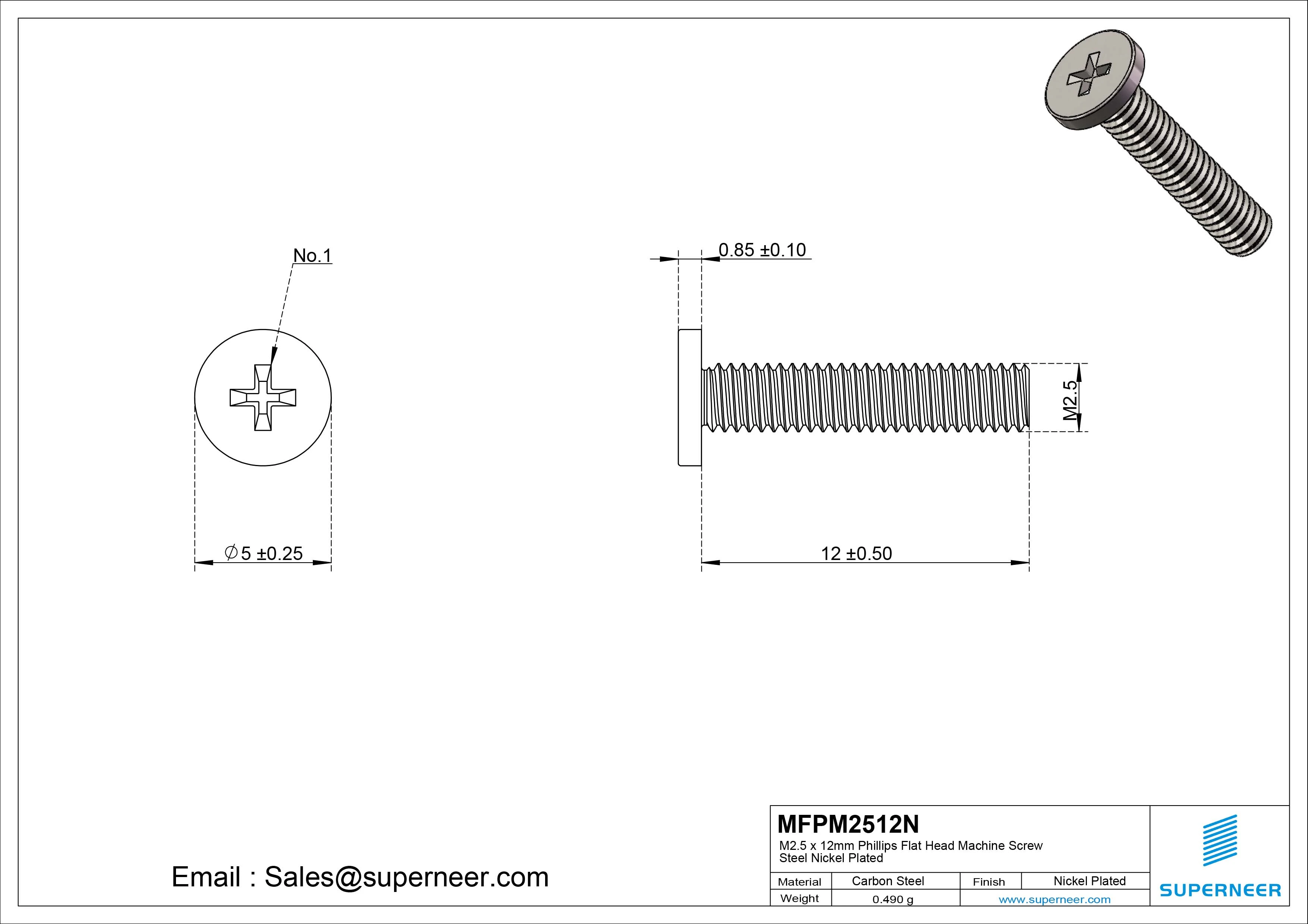M2.5 x 12mm Phillips Flat Head Machine Screw Carbon Steel Nickel Plated 