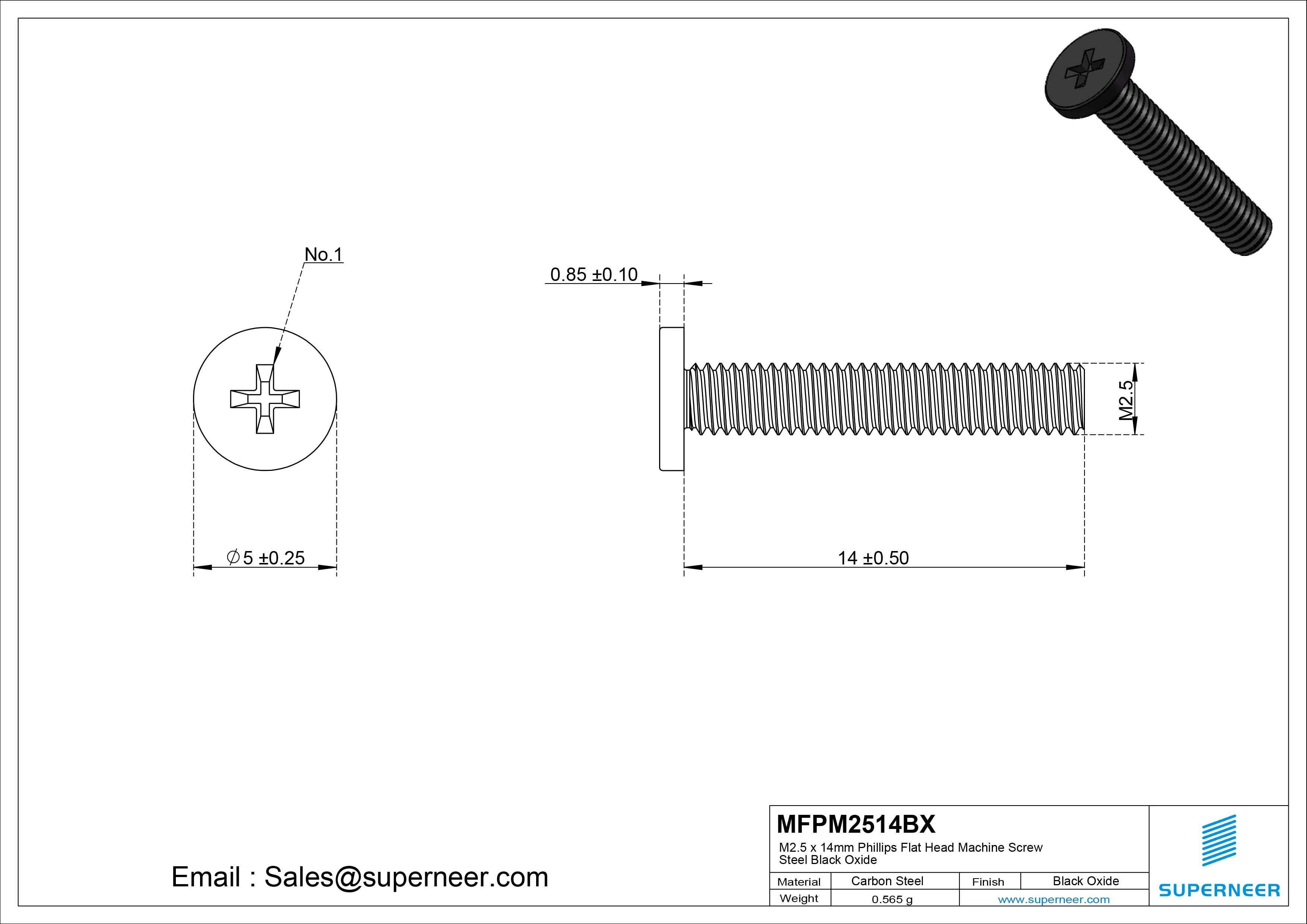 M2.5 x 14mm Phillips Flat Head Machine Screw Steel Black Oxide