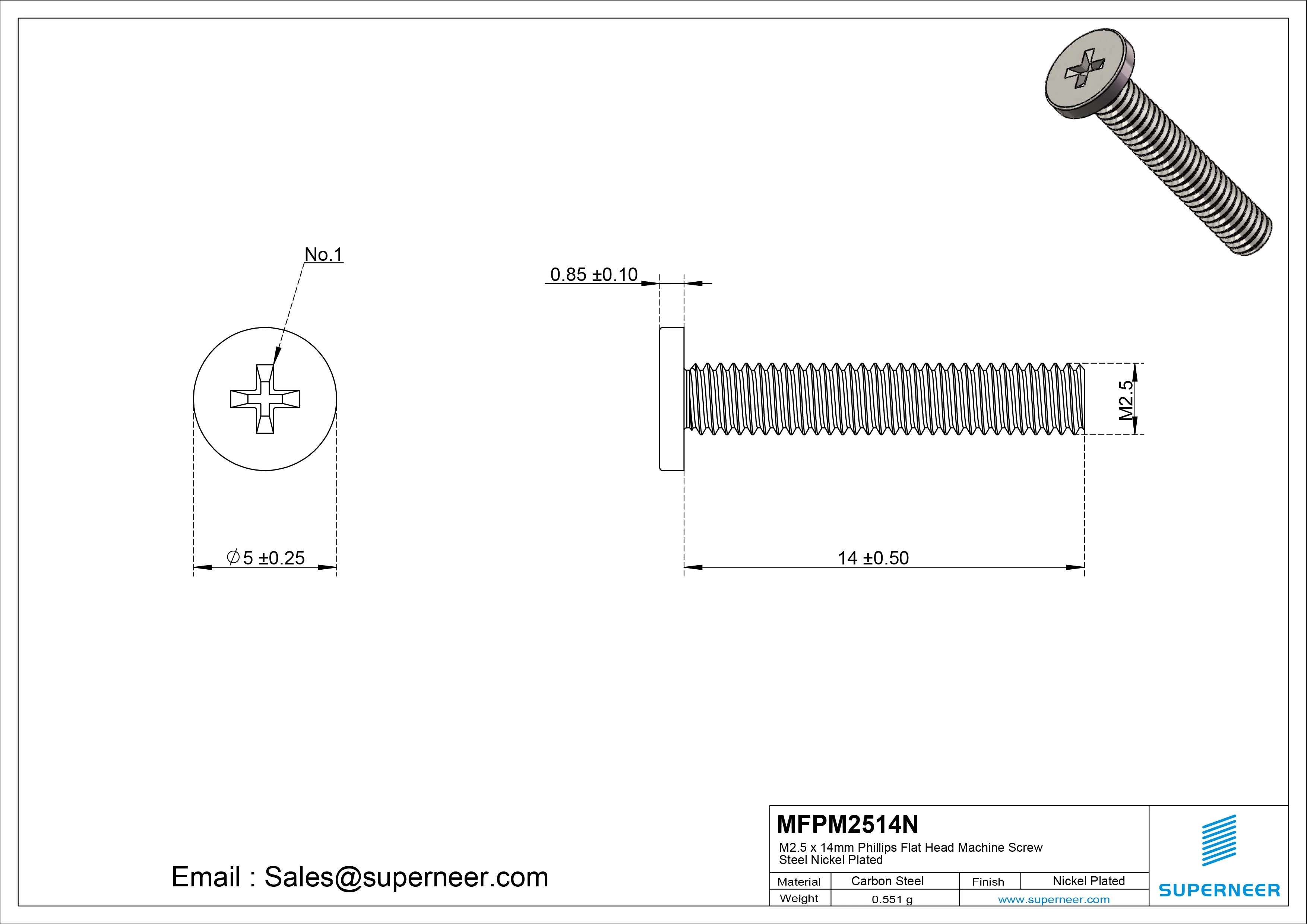 M2.5 x 14mm Phillips Flat Head Machine Screw Carbon Steel Nickel Plated 