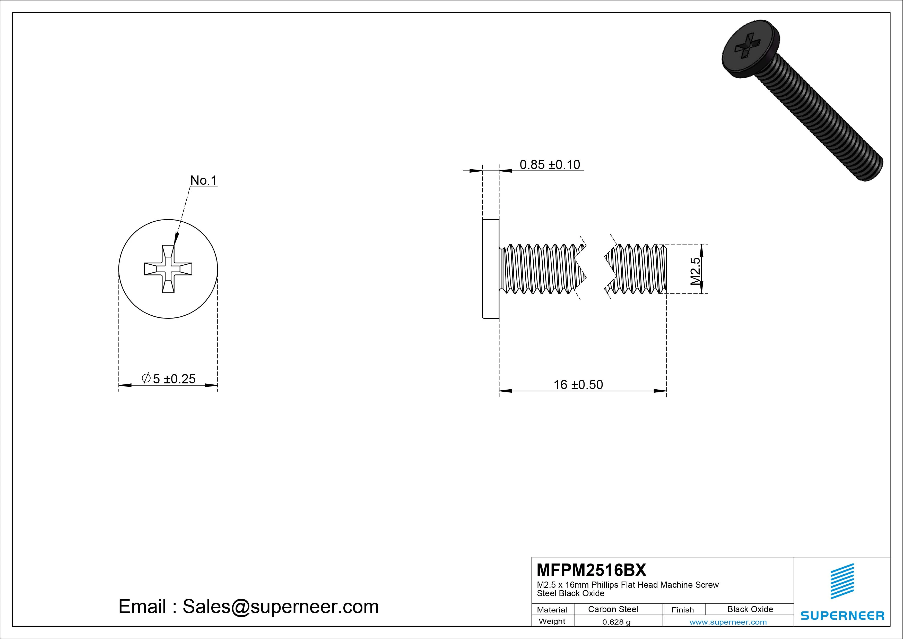 M2.5 x 16mm Phillips Flat Head Machine Screw Steel Black Oxide