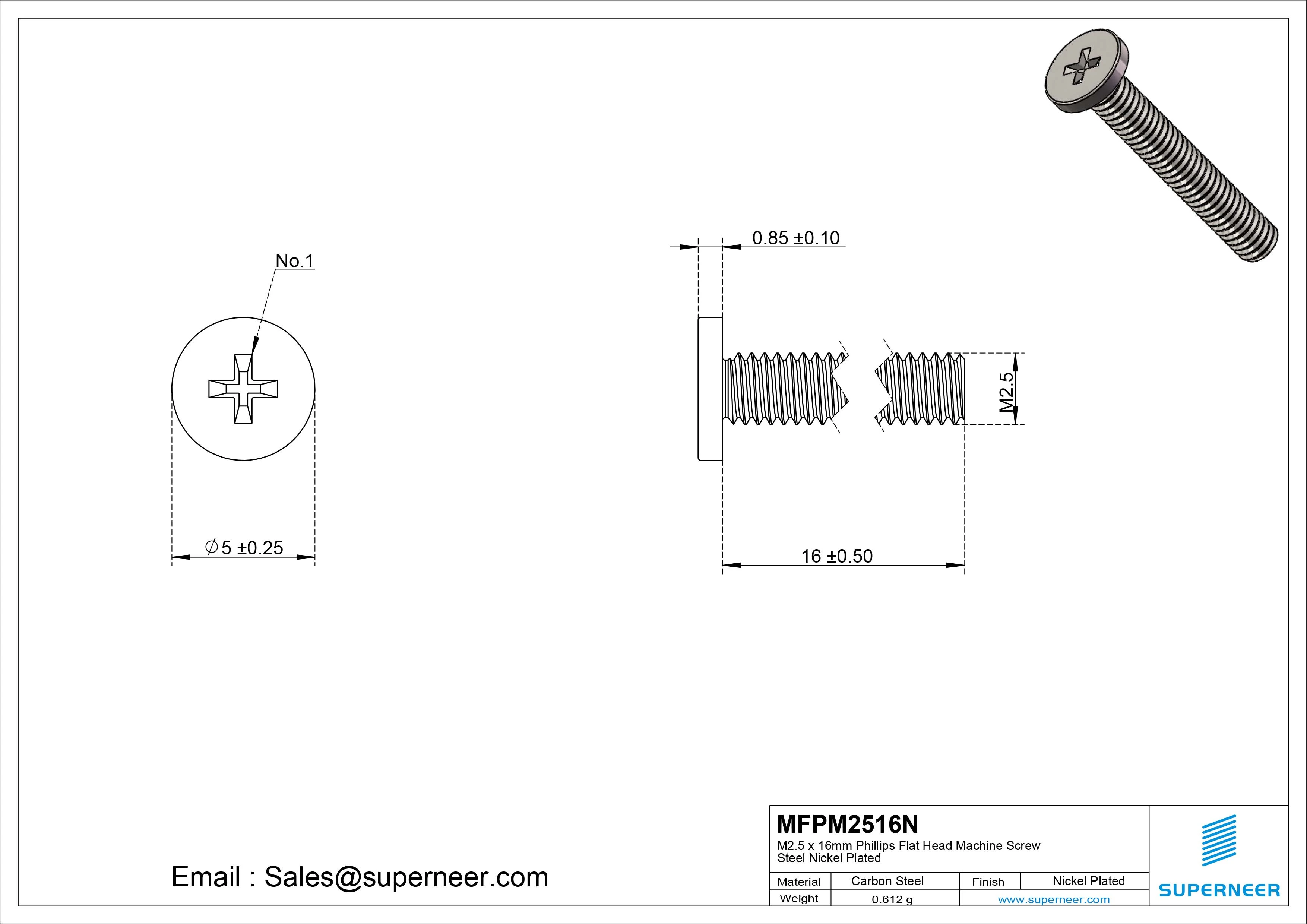 M2.5 x 16mm Phillips Flat Head Machine Screw Carbon Steel Nickel Plated 