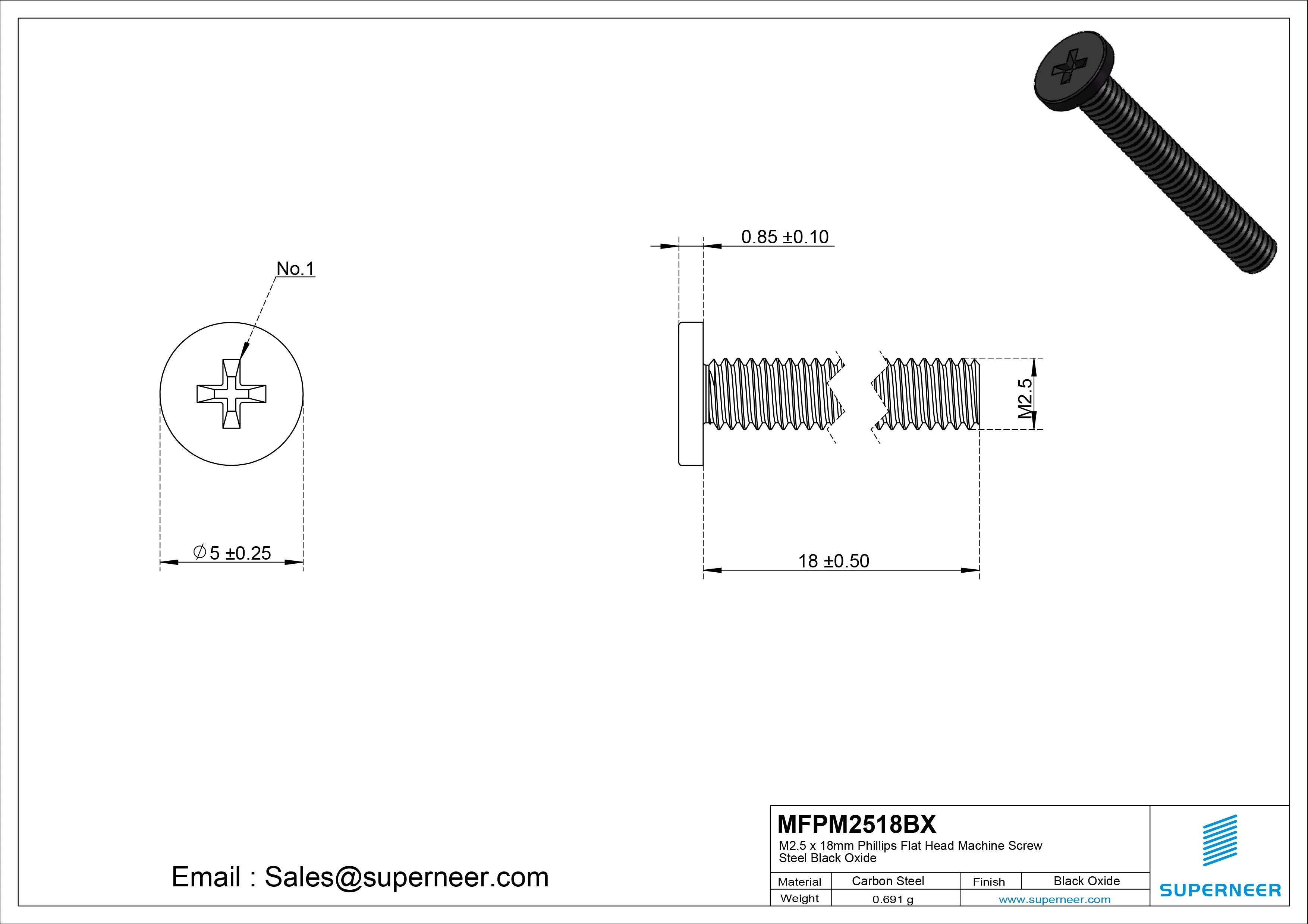 M2.5 x 18mm Phillips Flat Head Machine Screw Steel Black Oxide