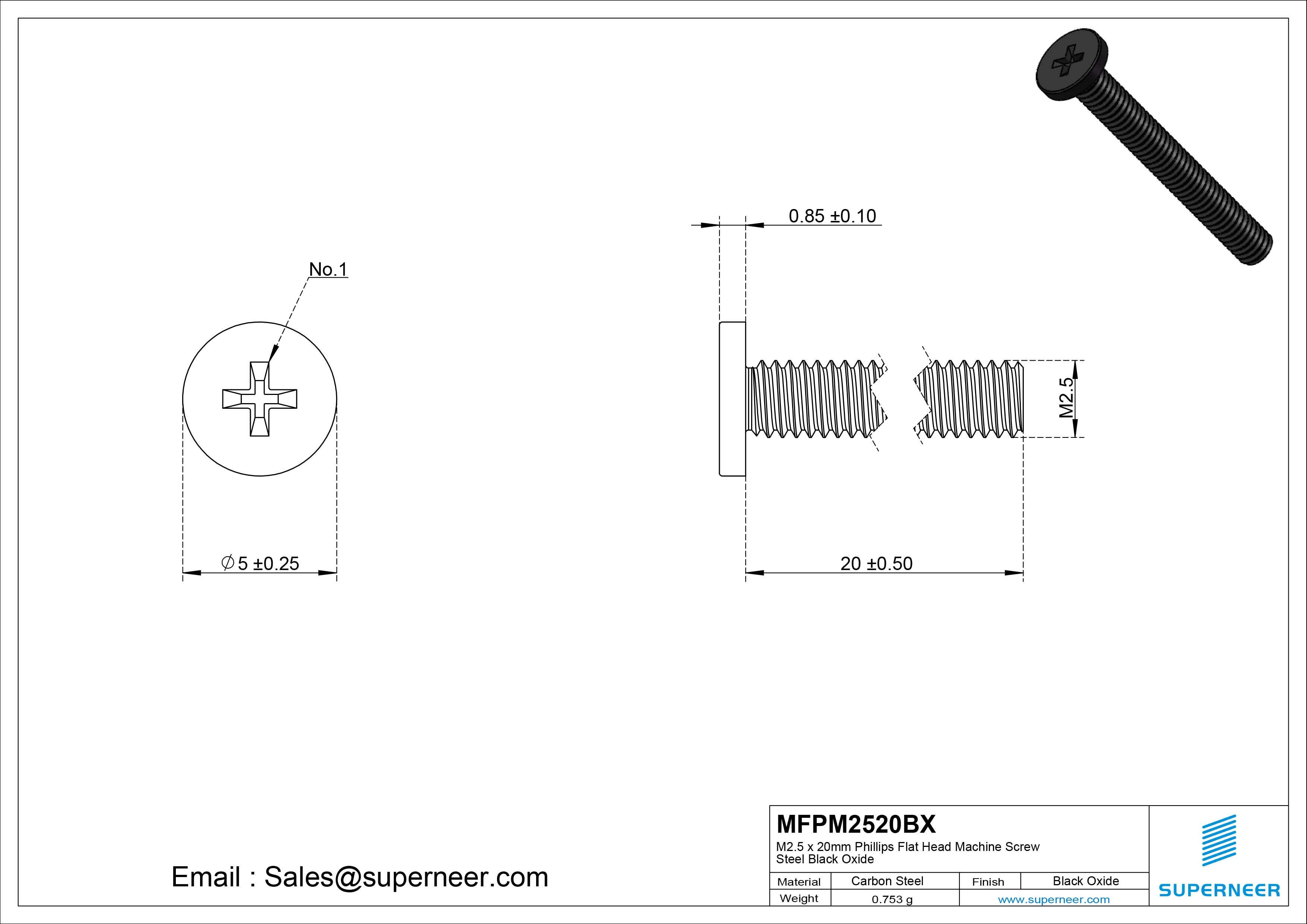 M2.5 x 20mm Phillips Flat Head Machine Screw Steel Black Oxide