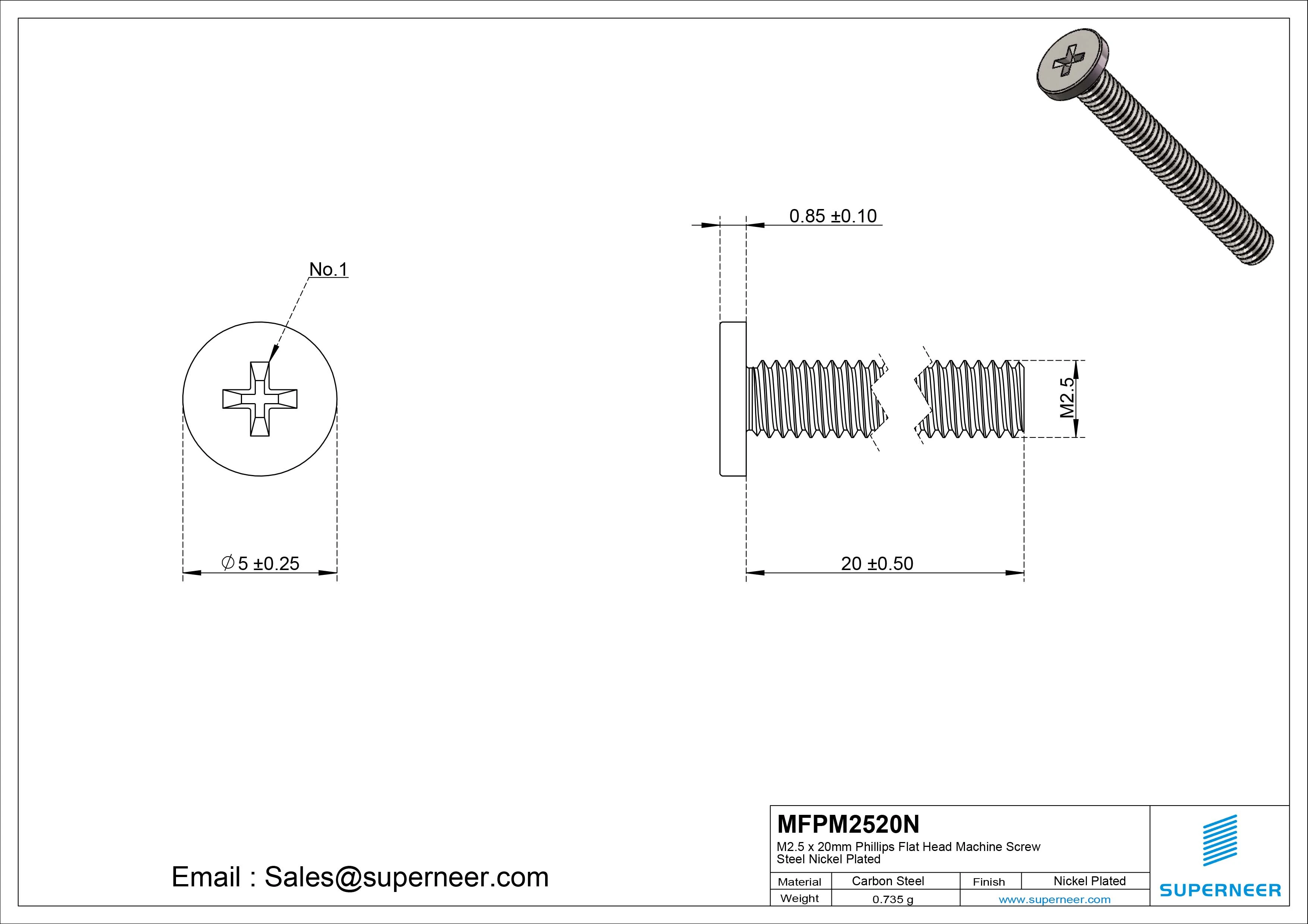 M2.5 x 20mm Phillips Flat Head Machine Screw Carbon Steel Nickel Plated 