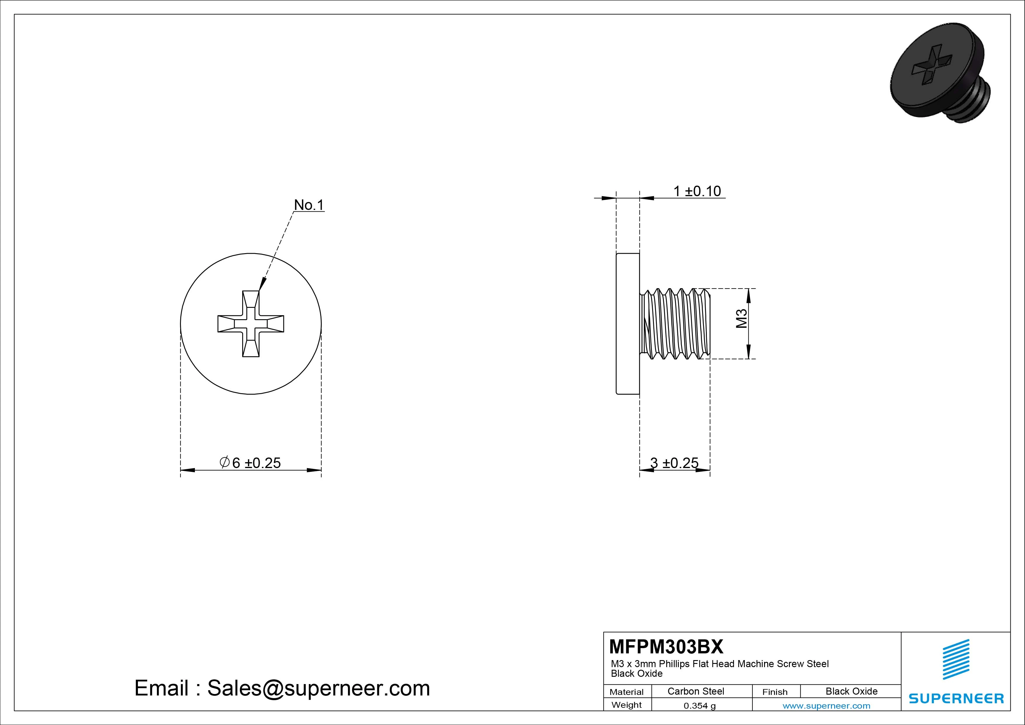 M3 x 3mm Phillips Flat Head Machine Screw Steel Black Oxide