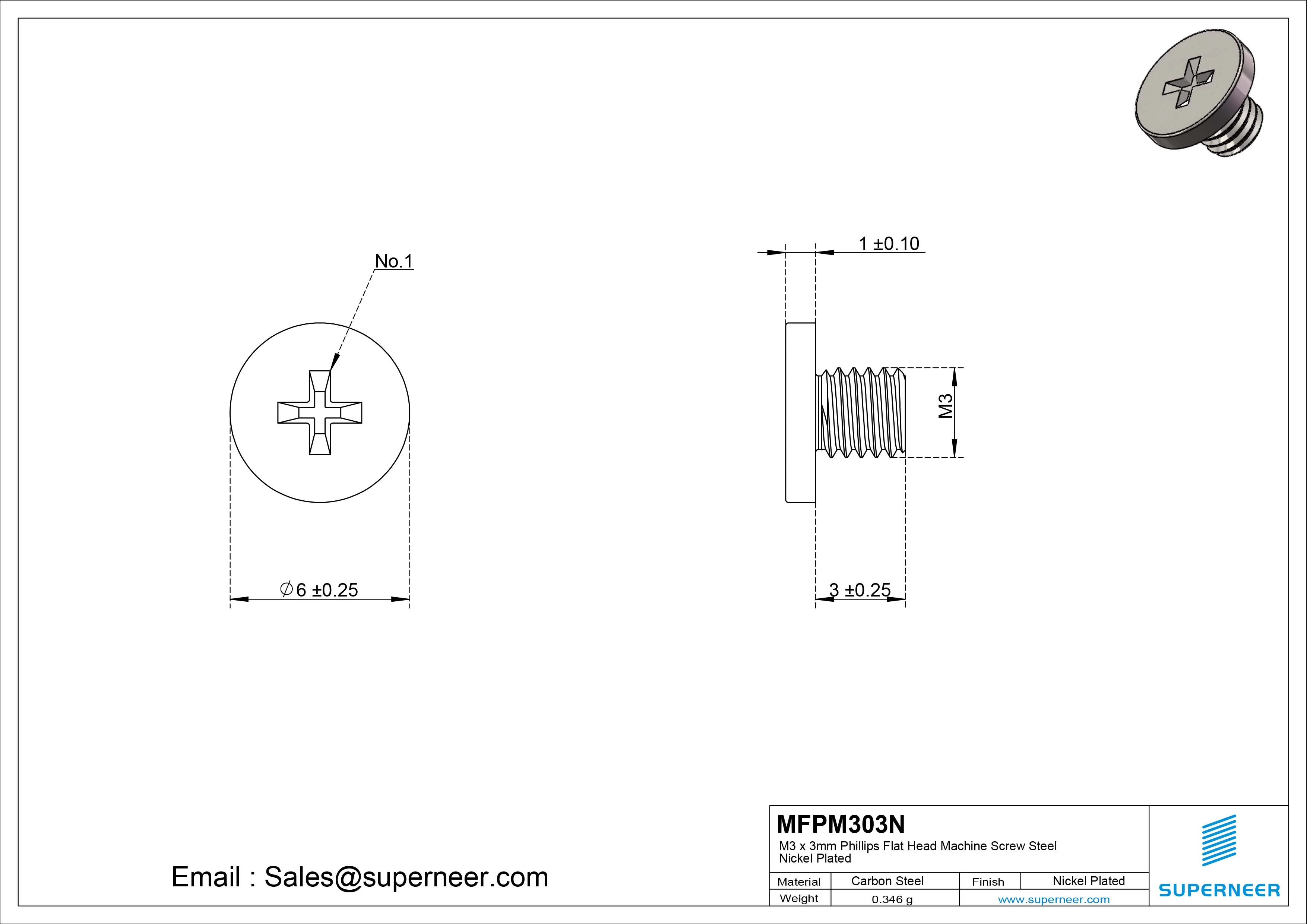 M3 x 3mm Phillips Flat Head Machine Screw Carbon Steel Nickel Plated 