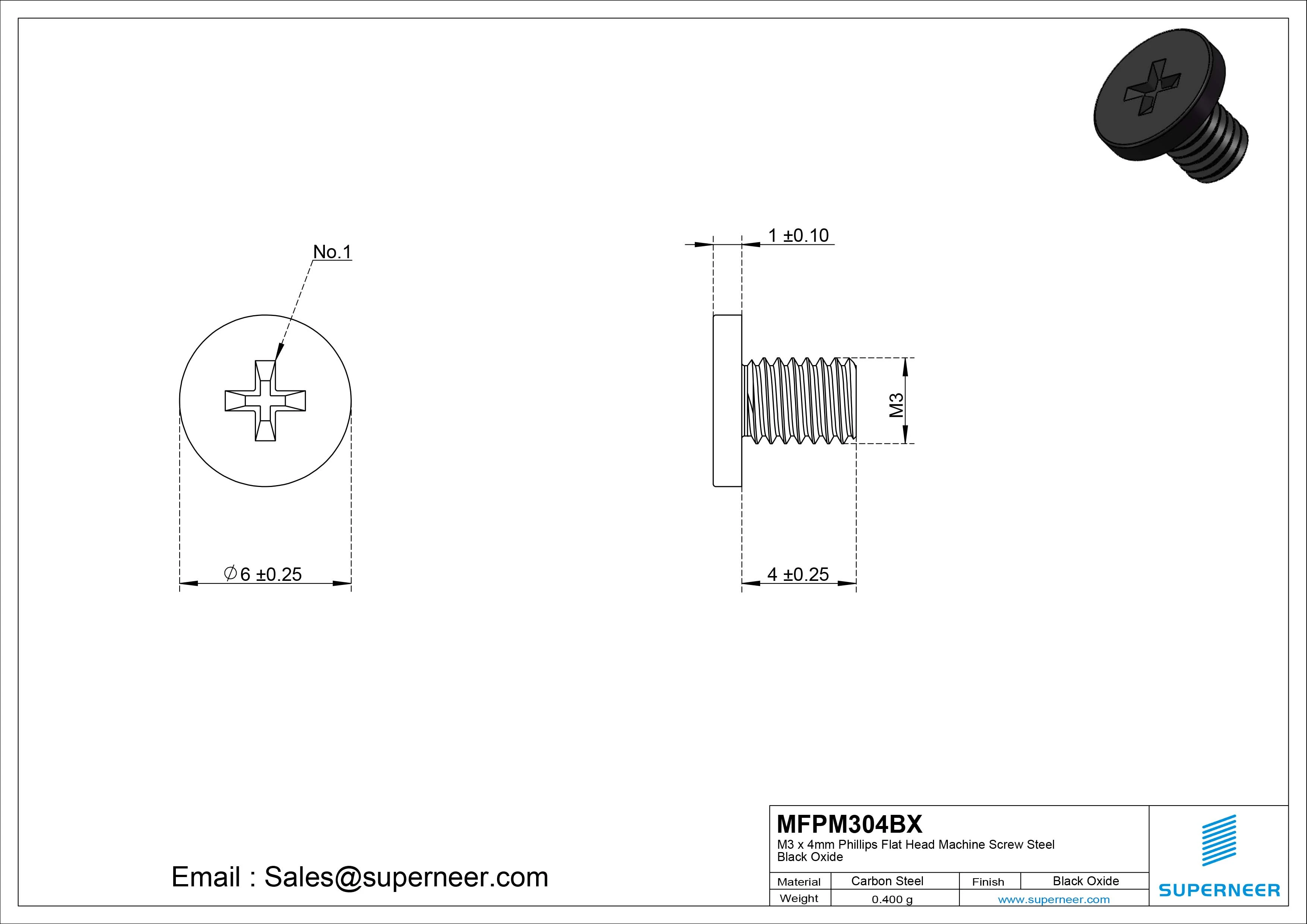 M3 x 4mm Phillips Flat Head Machine Screw Steel Black Oxide