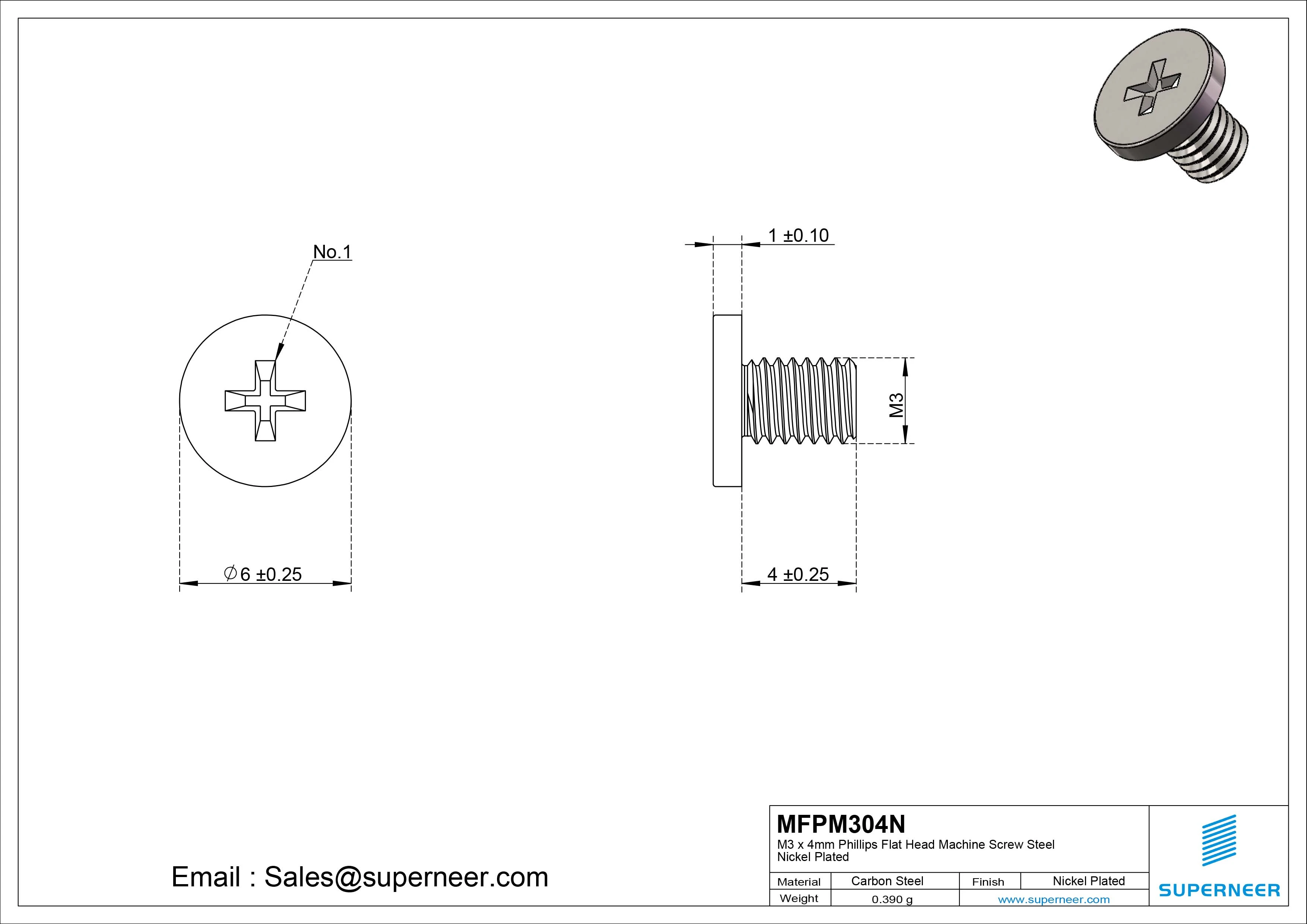 M3 x 4mm Phillips Flat Head Machine Screw Carbon Steel Nickel Plated 