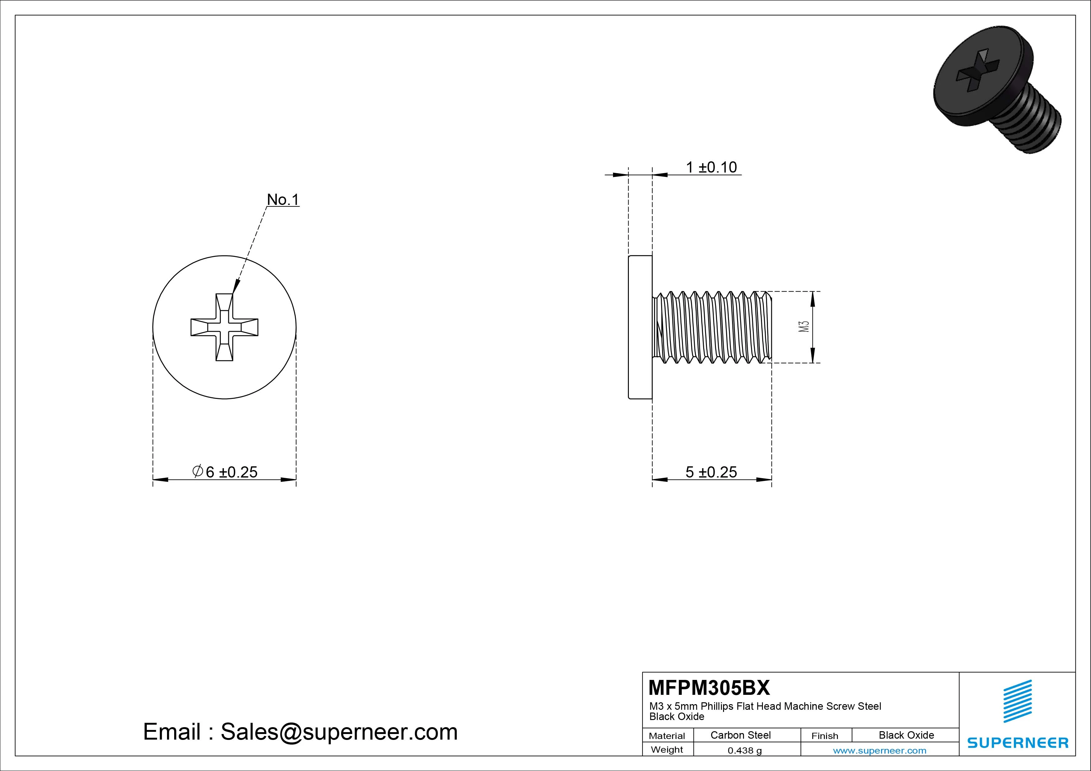 M3 x 5mm Phillips Flat Head Machine Screw Steel Black Oxide
