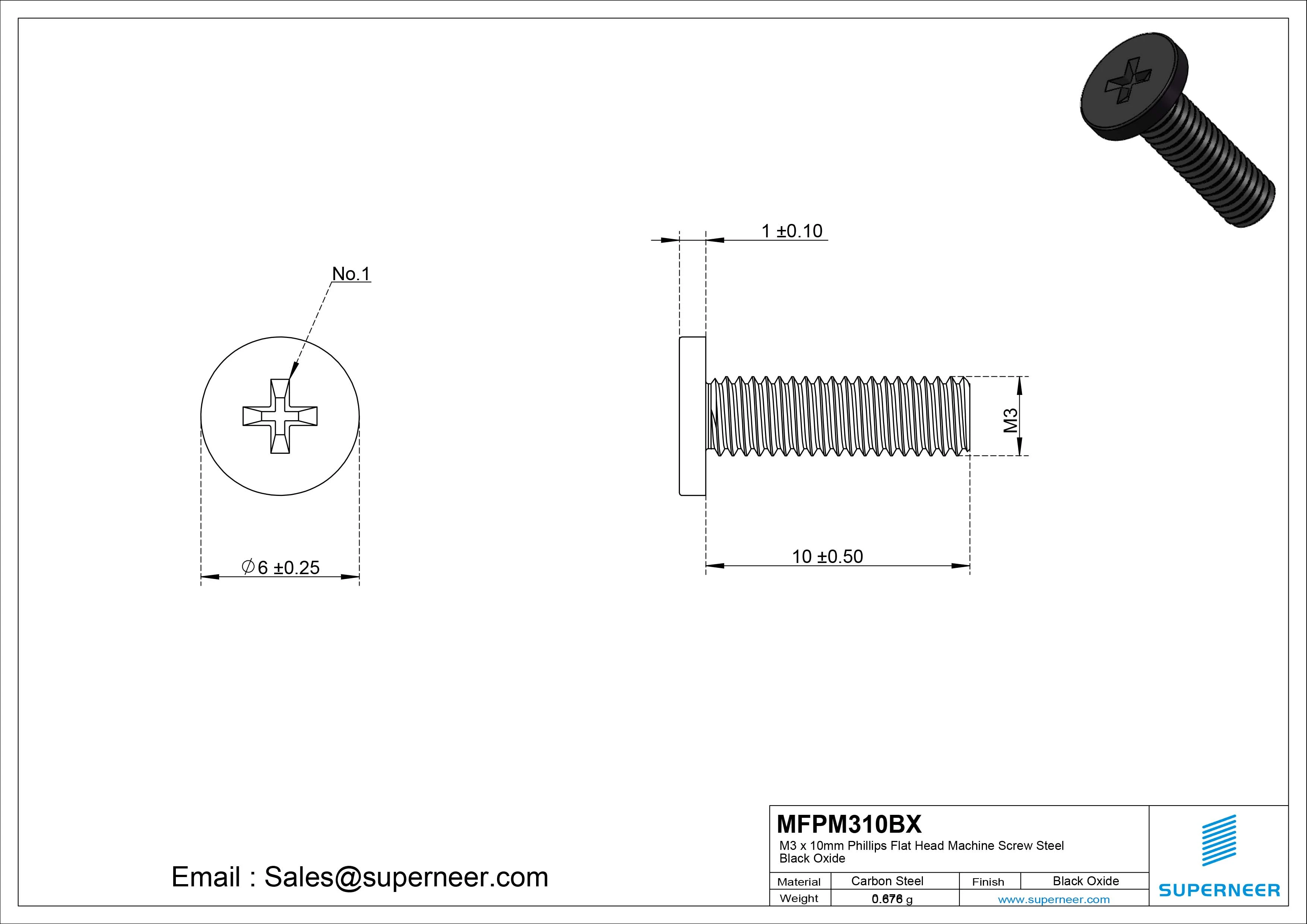 M3 x 10mm Phillips Flat Head Machine Screw Steel Black Oxide